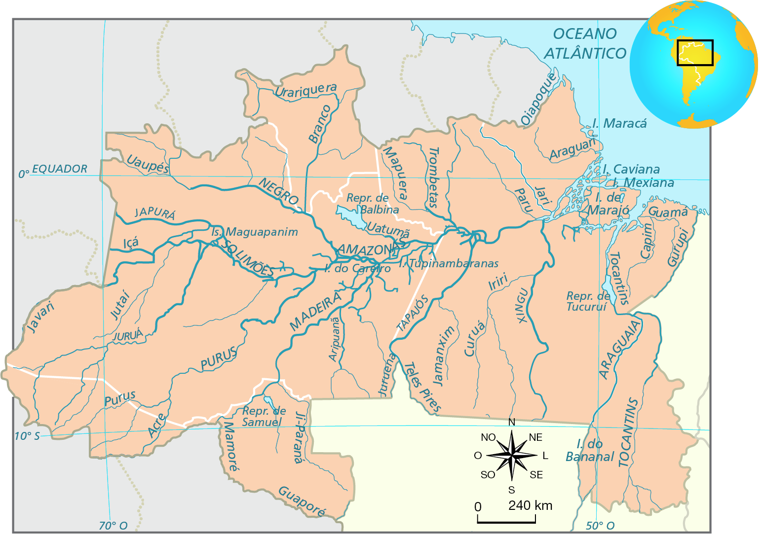 Mapa A. Região Norte: hidrografia. Diversos rios atravessam os estados da Região Norte. Os principais rios são: Negro, Solimões, Purus, Madeira, Amazonas, Araguaia, Tocantins, Tapajós, Japurá Xingu. Outros rios são: Acre, Jutaí, Javari, Juruá, Ji-Paraná, Mamoré, Içá, Uaupés, Branco, Urariquera, Mapuera, Trombetas, Paru, Jari, Oiapoque, Araguari, Iriri, Curuá, Jamanxim, Juruena, Aripuanã, Teles Pires, Guamã, Gurupi, Capim, Uatumã. Há represas indicadas: Represa de Samuel, Represa de Balbina, Represa de Tucuruí. 
Abaixo, rosa dos ventos e escala de 0 a 240 quilômetros.