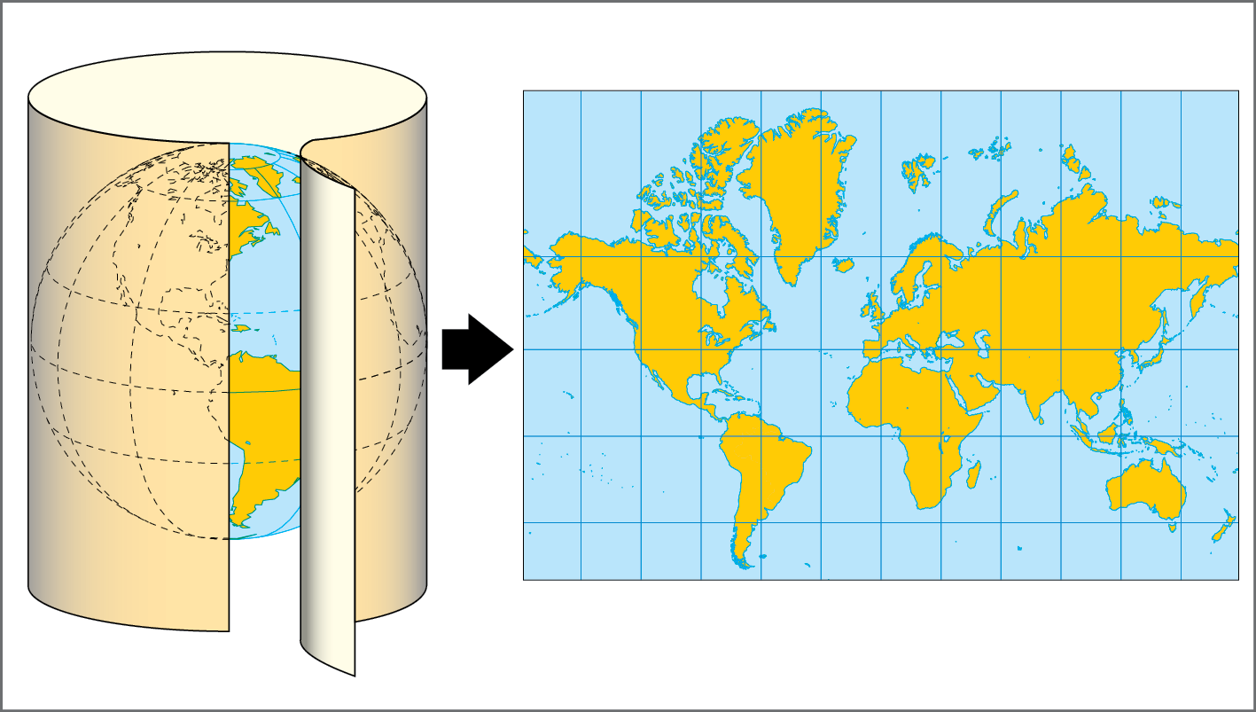Ilustração. Planísfério. À esquerda, globo envolto por uma folha de papel na qual foi feita a transposição da representação terrestre que o globo mostra. Ao lado, à direita, esse papel aberto mostra o planisfério.