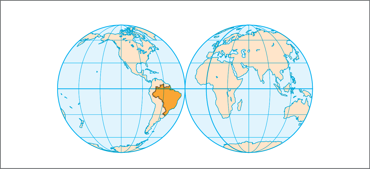 Mapa. Mapa-mundi. Duas representações do globo terrestre, lado a lado. A primeira destaca o continente americano. A segunda destaca os continentes: africano, europeu, asiático, a Oceania e a Antártida.