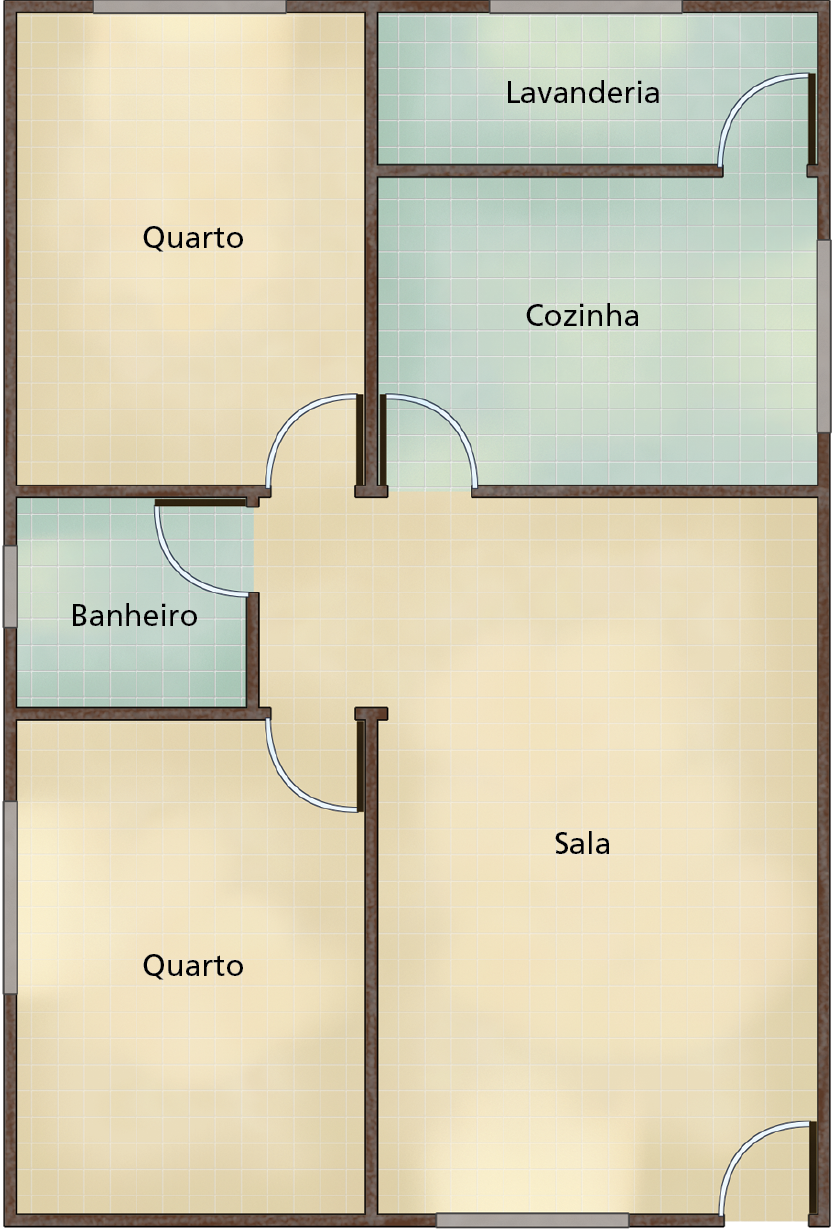 Ilustração. Representação de planta de uma habitação de seis cômodos: quarto, banheiro, quarto, sala, cozinha, lavanderia. Escala: 1 para 100 (centímetros).