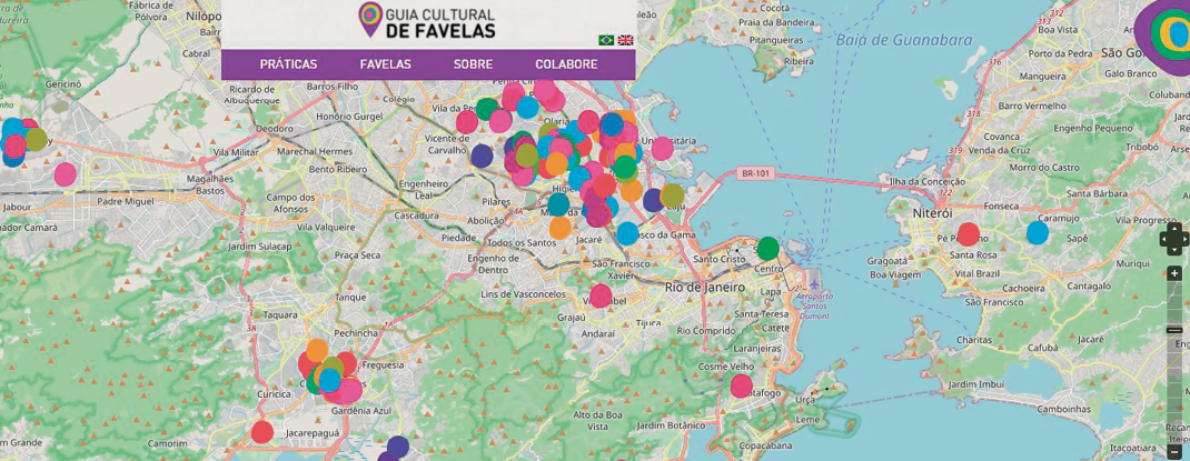 Captura de tela. Página do Guia Cultural de Favelas mostrando o mapa colaborativo de parte da cidade do Rio de Janeiro com diversos círculos coloridos em regiões específicas indicando locais de práticas culturais.