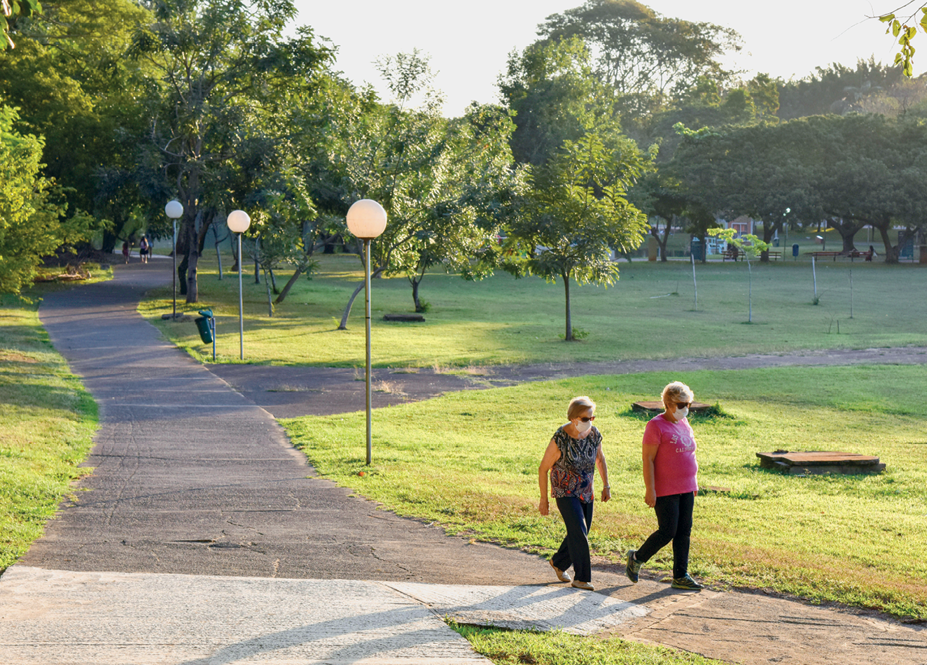 Fotografia. Vista de parte de um parque com uma área de gramado com várias árvores e alguns trechos asfaltados para a passagem de pessoas e com algumas iluminárias.  À frente, duas idosas caminhando.