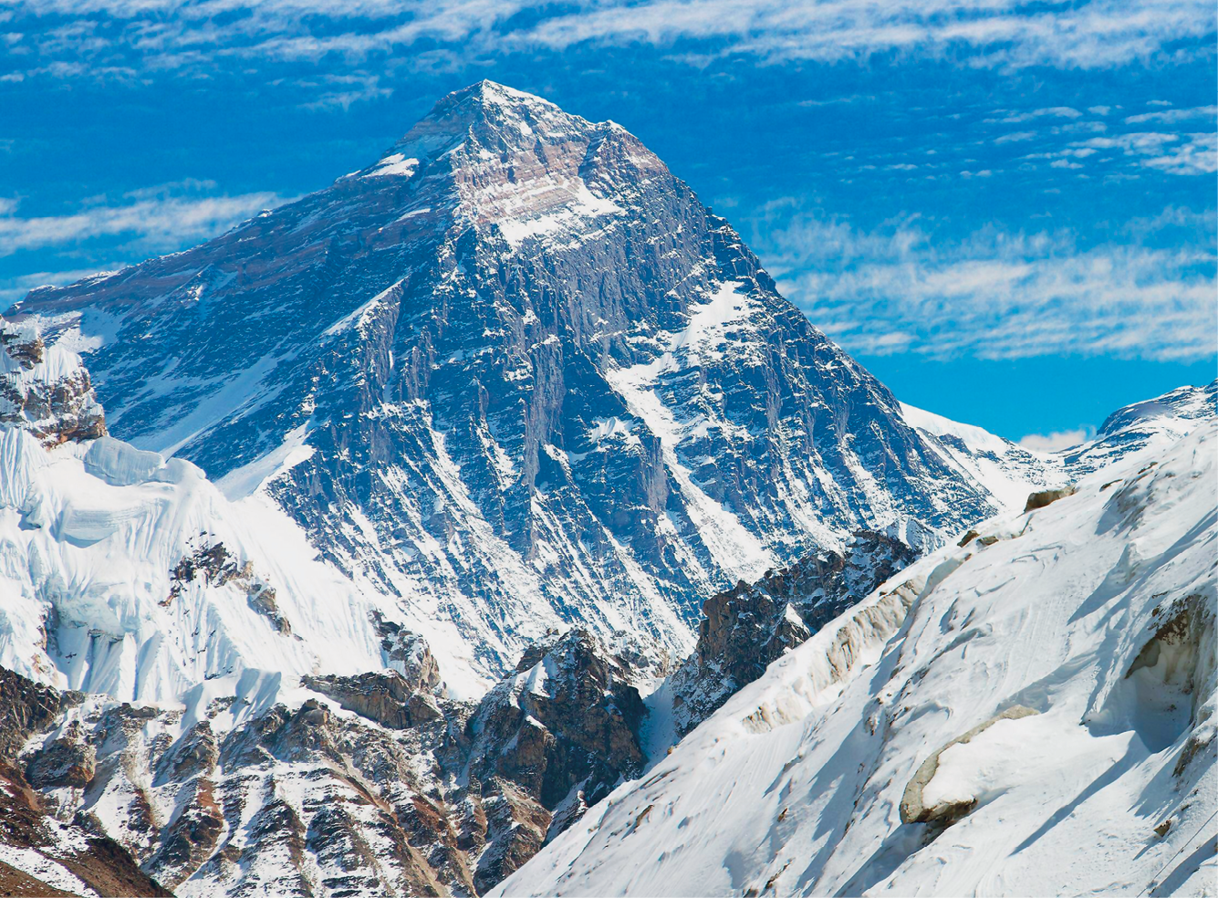 Fotografia. Vista de uma grande montanha com pontos cobertos de gelo. Ao redor, diversas montanhas com gelo. Ao fundo, céu azul.