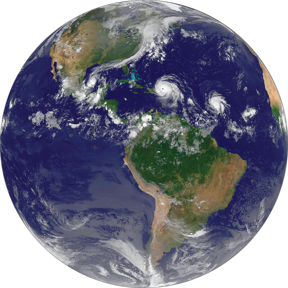 Imagem de satélite. Planeta Terra, cuja face destaca o continente americano, oceanos com algumas nuvens.