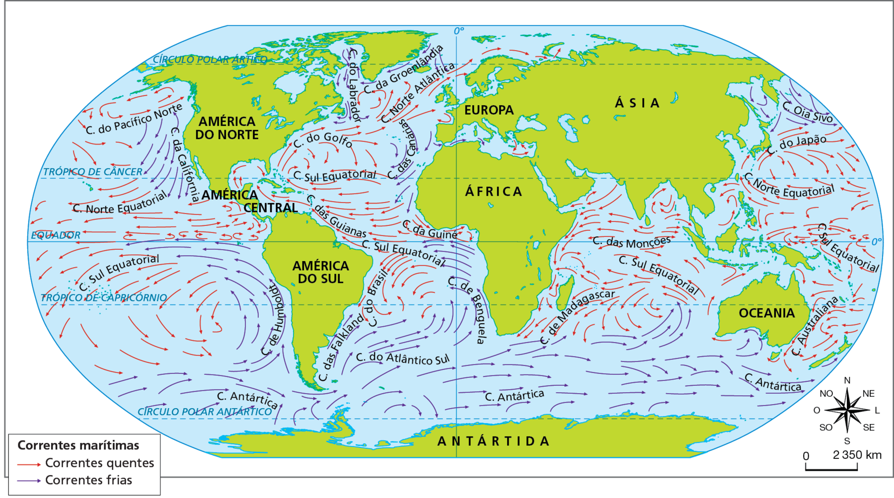 Mapa. Mundo: correntes marítimas. Planisfério com destaque para os continentes e setas vermelhas que representam correntes marítimas quentes e setas azuis que representam correntes marítimas frias. 
A oeste da América do Norte e Central, no Oceano Pacífico, entre o Círculo Polar Ártico e a linha do Equador, deslocam-se as correntes quentes do Pacífico Norte e a Norte Equatorial, e a corrente fria da Califórnia. A oeste da América do Sul, no Oceano Pacífico, entre a linha do Equador e o Círculo Polar Antártico, deslocam-se as correntes frias de Humboldt e Antártica e a corrente quente Sul Equatorial. 
No Oceano Atlântico, a leste da América do Norte e Central e a oeste da Europa e África, entre o Círculo Polar Ártico e a linha do Equador, deslocam-se as correntes quentes Norte Atlântica, do Golfo, Sul Equatorial, das Guianas e da Guiné, e as correntes frias do Labrador, da Groenlândia e das Canárias. 
No Oceano Atlântico, a leste da América do Sul e a leste da África, entre a linha do Equador e o Círculo Polar Antártico, deslocam-se as correntes frias Antártida, das Falkland, do Atlântico Sul e de Benguela e as correntes quentes do Brasil e Sul Equatorial.
No Oceano Índico, a leste da África, ao sul da Ásia e a oeste da Oceania, entre o Trópico de Câncer e o Círculo Polar Antártico, deslocam-se as correntes quentes das Monções, Sul Equatorial e de Madagascar e a corrente fria Antártica. No Oceano Pacífico, a leste da Ásia, entre o Círculo Polar Ártico e a linha do Equador, deslocam-se as correntes quentes do Japão, Norte Equatorial, Sul Equatorial e a corrente fria Oia Sivo. No Oceano Pacífico, a leste da Oceania, entre a linha do Equador e o Círculo Polar Antártico, deslocam-se as correntes quentes Sul Equatorial e Australiana e a corrente fria Antártica, que também se desloca ao norte de toda a Antártida. 
Abaixo, rosa dos ventos e escala de 0 a 2.350 quilômetros.