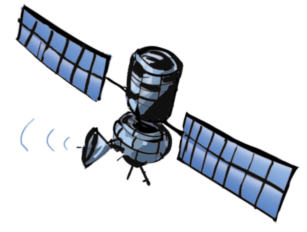 Ilustração. Um satélite composto por um cilindro no meio e duas placas, uma em cada lado do cilindro. Na lateral, uma peça redonda emitindo ondas.