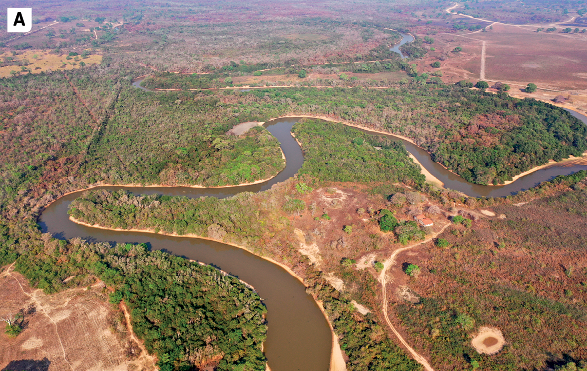Fotografia A. Vista de uma área plana e extensa, composta por um rio com muitas curvas e, em suas margens, vegetação predominantemente baixa e algumas áreas com árvores. Na parte superior direita, há uma área com aspecto mais seco.
