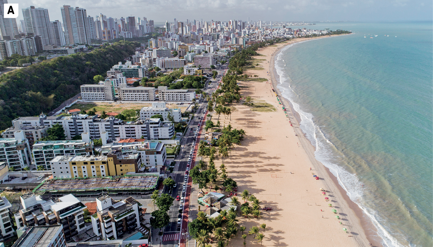 Fotografia A. Vista de extensa faixa de praia e de mar, à direita, e de muitos prédios, avenida, carros e ciclofaixa, à esquerda. Tanto na praia quanto na área dos prédios, há árvores.