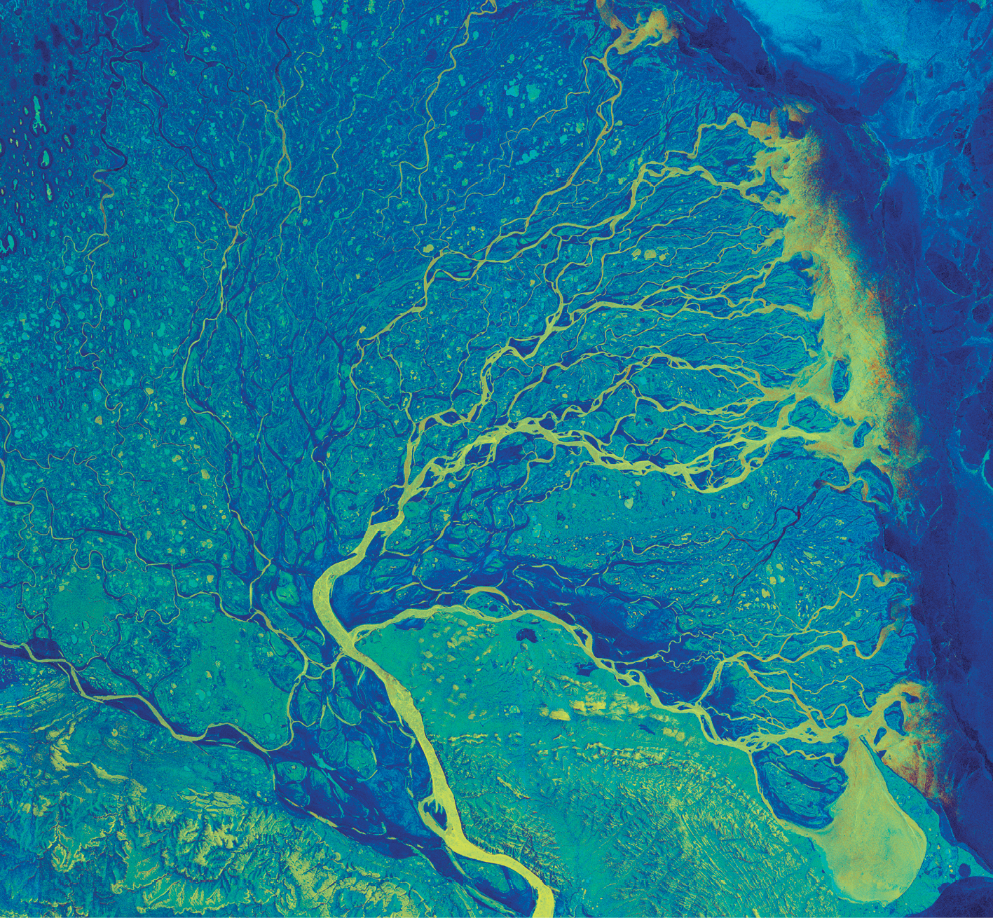 Imagem de satélite. Vista de uma extensa região com diversos cursos de água sinuosos, formando meandros, e que se interligam.