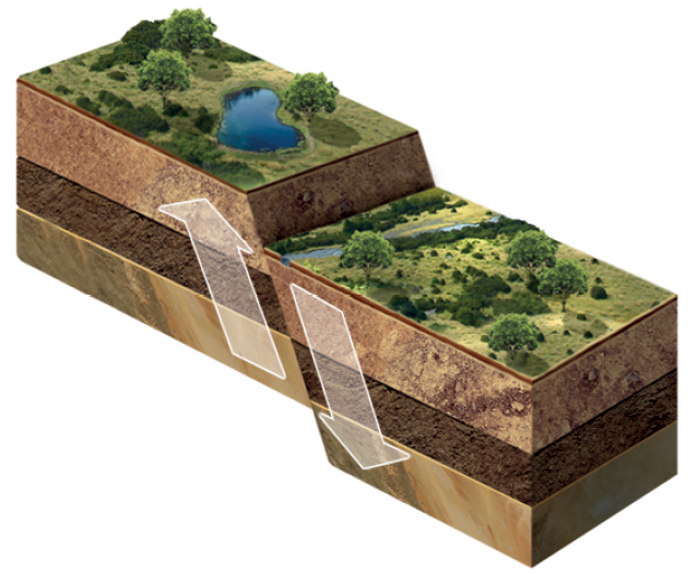 Ilustração. Bloco diagrama mostrando parte da superfície com lago e vegetação e camadas do subsolo. A estrutura está dividida por uma linha de falha vertical, que na superfície apare como uma descontinuidade no terreno, semelhante a um degrau.