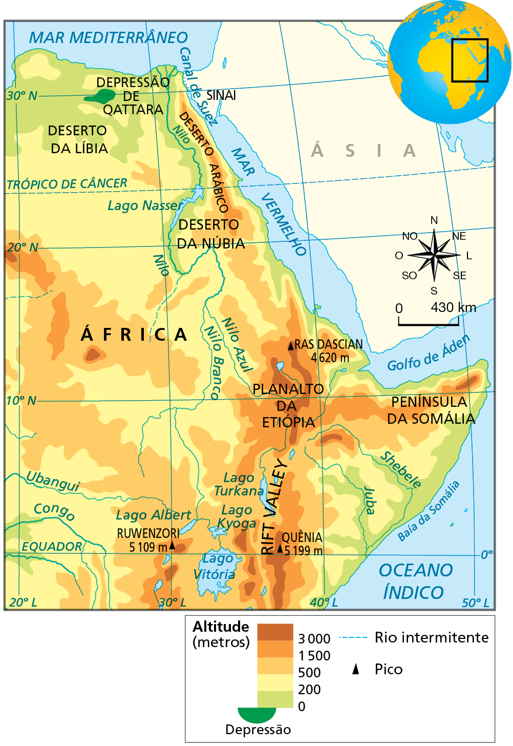 Mapa. África: curso do Rio Nilo. Mapa físico das porções leste e nordeste continente africano, destacando, principalmente, o curso do Rio Nilo e as altitudes dos relevo em metros.  
Na parte de baixo do mapa, na região do planalto dos grandes lagos, especificamente na faixa entre 500 e 1.500 metros de altitude, localização da nascente do Nilo Branco, no Lago Vitória. Na direção norte, ao longo da faixa de terras que variam de 200 a 500 metros de altitude, o Nilo Branco segue seu curso até receber as água do Nilo Azul, cuja nascente se localiza no planalto da etiópia, em altitude acima dos 3.000 metros. O Rio Nilo segue em direção à sua foz por uma longa faixa de terras baixas, que não superam 200 metros altitude, e onde se formam planícies de inundação.
À direita, rosa dos ventos e escala de 0 a 430km.