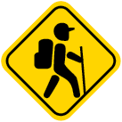 Ícone. Seção Mochila de ferramentas. Composto por uma placa amarela com a silhueta de uma pessoa em pé com uma mochila grande nas costas, segurando uma vara.