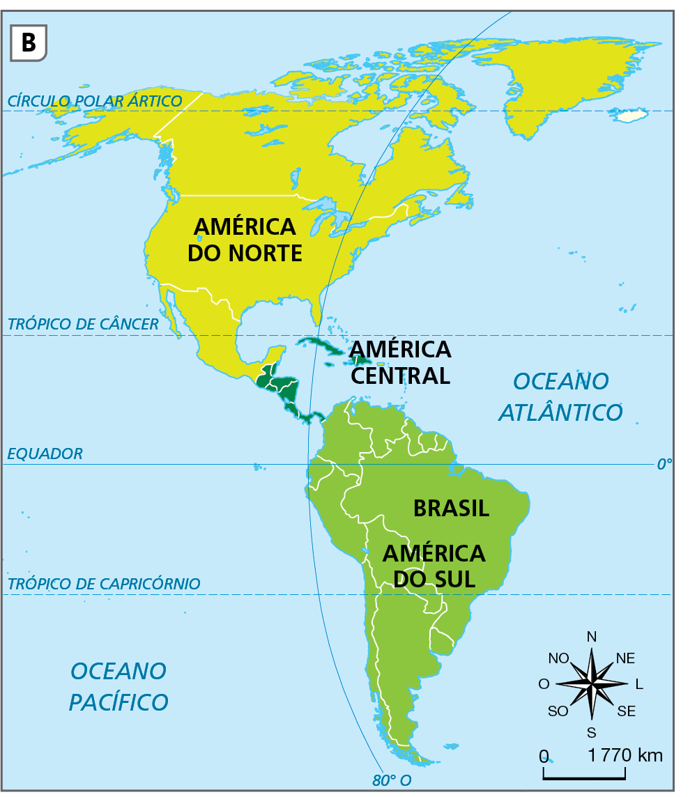 Mapa. Localização do Brasil na América. Mapa do continente americano, cujas terras que se estendem desde o norte do Círculo Polar Ártico até o sul do Trópico de Capricórnio. A divisão regional está representada e diferenciada por tonalidade de cor verde: a América do Norte, a América Central e a América do Sul. Os territórios dos países aparecem delimitados, e o Brasil também está localizado, com indicação do nome sobre o território do país. Na parte inferior, rosa dos ventos e escala de 0 a 1.770 quilômetros.