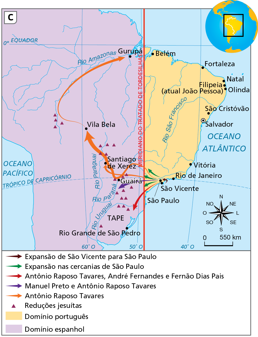 Mapa C. Bandeirismo apresador – século dezessete
Mapa do Brasil mostrando, por meio de setas, a expansão e o deslocamento do bandeirismo apresador pelo território. O limite traçado pelo Tratado de Tordesilhas aparece no mapa, demarcando os domínios espanhol (à oeste) e português (à leste). 
Expansão de São Vicente para São Paulo. 
Expansão nas cercanias de São Paulo, que saíram de áreas próximas à São Paulo e se deslocaram para o interior, chegando no limite do Tratado de Tordesilhas.
Antônio Raposo Tavares, André Fernandes e Fernão Dias Pais, que se deslocaram das proximidades da atual cidade de São Paulo para o interior, chegando às imediações de Tape (domínio espanhol), no atual Rio Grande do Sul.
Manuel Preto e Antônio Raposo Tavares, que se deslocaram das proximidades da atual cidade de São Paulo para o interior, chegando às imediações de Guairá (domínio espanhol), no atual Paraná.
Antônio Raposo Tavares, que se deslocou das proximidades da cidade de São Paulo para o interior, chegando nos seguintes domínios espanhóis: porção centro-oeste, em Santiago de Xerez e Vila Bela e, desta, para a porção norte, em Gurupá.
Reduções jesuítas: estão localizadas nas proximidades de Rio Grande de São Pedro, Tape, Guaíra, Santiago do Xerez e no caminho de Vila Bela para Gurupá.
Na parte inferior, rosa dos ventos e escala de 0 a 550 quilômetros.