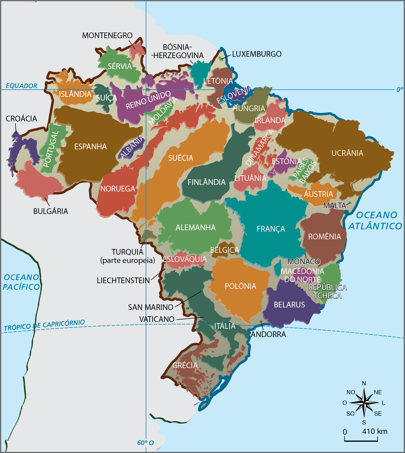Mapa. 
Mapa do Brasil com mapas de outros países encaixados no território brasileiro. Estão representados os territórios dos seguintes países: GRÉCIA, ITÁLIA, POLÔNIA, ANDORRA, ESLOVÁQUIA, BÉLGICA, LIECHTENSTEIN, SAN MARINO, VATICANO, BELARUS, MACEDÔNIA DO NORTE, REPÚBLICA TCHECA, ROMÊNIA, FRANÇA - MÔNACO, ALEMANHA, MALTA, ÁUSTRIA, FINLÂNDIA, NORUEGA, SUÉCIA, LITUÂNIA, ESTÔNIA, PAÍSES BAIXOS, UCRÂNIA, IRLANDA, DINAMARCA, HUNGRIA, ESLOVÊNIA, LETÔNIA, REINO UNIDO, ALBANIA, MOLDÁVIA, ESPANHA, PORTUGAL, BULGÁRIA, CROÁCIA, ISLÂNDIA, SUÍÇA, SÉRVIA, MONTENEGRO, BÓSNIA-HERZEGOVINA, LUXEMBURGO, TURQUIA (PARTE EUROPEIA). Na parte inferior, rosa dos ventos e escala de 0 a 410 quilômetros.