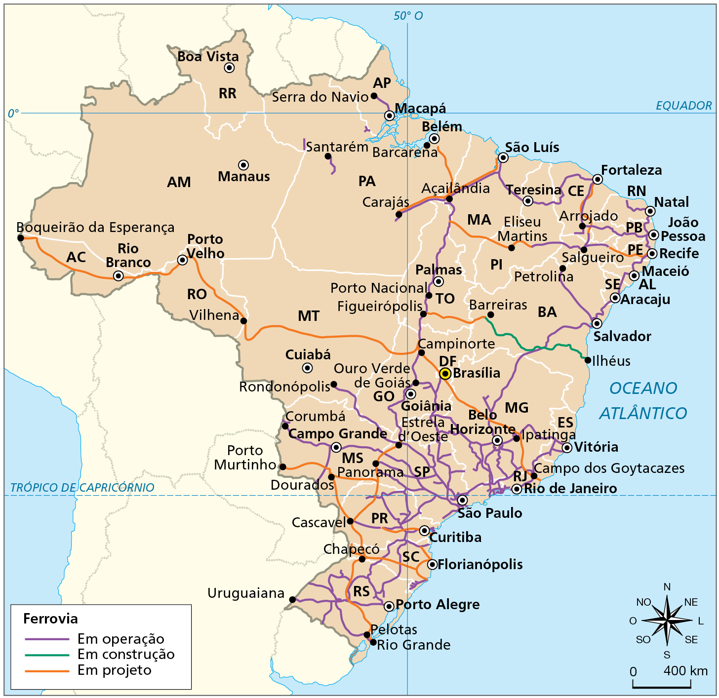 Mapa. Brasil:  rede ferroviária – 2021
Mapa do Brasil mostrando ferrovias em operação, em construção e em projeto. Elas estão concentradas nas regiões sudeste e sul e em algumas porções do Centro-Oeste e do Nordeste. Há pontos pretos pelo território representando cidades que se conectam por meio das ferrovias. 
Em operação: a maioria das linhas se conecta na porção centro-sul do país, passando por cidades do Sul (Uruguaiana, Porto Alegre, Curitiba e Cascavel) e se estendendo do litoral paulista até Campo Grande e Corumbá, no Mato Grosso do Sul, Rondonópolis, no Mato Grosso, e Ouro Verde de Goiás, em Goiás. Há conexões entre o sul de Minas Gerais, Rio de Janeiro e Espírito Santo, inclusive com linhas passando pelas capitais desses estados. De Ouro Verde do Oeste, há uma linha que se conecta à Açailândia, no Maranhão, passando por Campinorte, Figueirópolis, Palmas e Porto Nacional. De Belo Horizonte, outra linha férrea se estende para o litoral nordestino, passando por Salvador, Aracaju, Maceió, Recife, João Pessoa e Natal. Há uma bifurcação em Salvador, que vai até Petrolina, na divisa entre Bahia e Pernambuco, além de uma linha que conecta as capitais Fortaleza, Teresina e São Luís. No interior do Nordeste, há conexões que passam por Salgueiro, em Pernambuco, e Arrojado, no Ceará. De São Luís do Maranhão, há uma linha que se conecta à Carajás, no Pará, passando por Açailândia. No Norte, algumas linhas aparecem nas imediações de Santarém, no Pará, e entre Macapá e Serra do Navio, no Amapá.
Em construção: Conecta Ilhéus, no litoral sul da Bahia, à Barreiras, no oeste do estado.
Em projeto: conexões na porção centro-sul, que vão desde Rio Grande, no litoral sul do Rio Grande do Sul, à Porto Murtinho, no Mato Grosso do Sul, passando por Pelotas, Chapecó, Cascavel e Dourados. De Cascavel, há uma bifurcação que se estende à norte para Panorama, no Mato Grosso do Sul, e Estrela do Oeste, em São Paulo. Também há projetos nas imediações de Florianópolis e Curitiba. Partindo do litoral do Rio de Janeiro, há um grande projeto que cruza o país no sentido noroeste e chega a Boqueirão da Esperança, no Acre, passando por diversas cidades como Campo dos Goytacazes, Ipatinga, Brasília, Campinorte, Vilhena, Porto Velho e Rio Branco. Nas regiões nordeste e norte, há projetos para construção de ferrovias no interior de Pernambuco, entre Piauí e Maranhão, na porção leste do Ceará, entre São Luís do Maranhão, Açailândia e Carajás, entre Belém e Açailândia e entre Barreiras, na Bahia, à Figueirópolis, no Tocantins. 
Na parte inferior, rosa dos ventos e escala de 0 a 400 quilômetros.