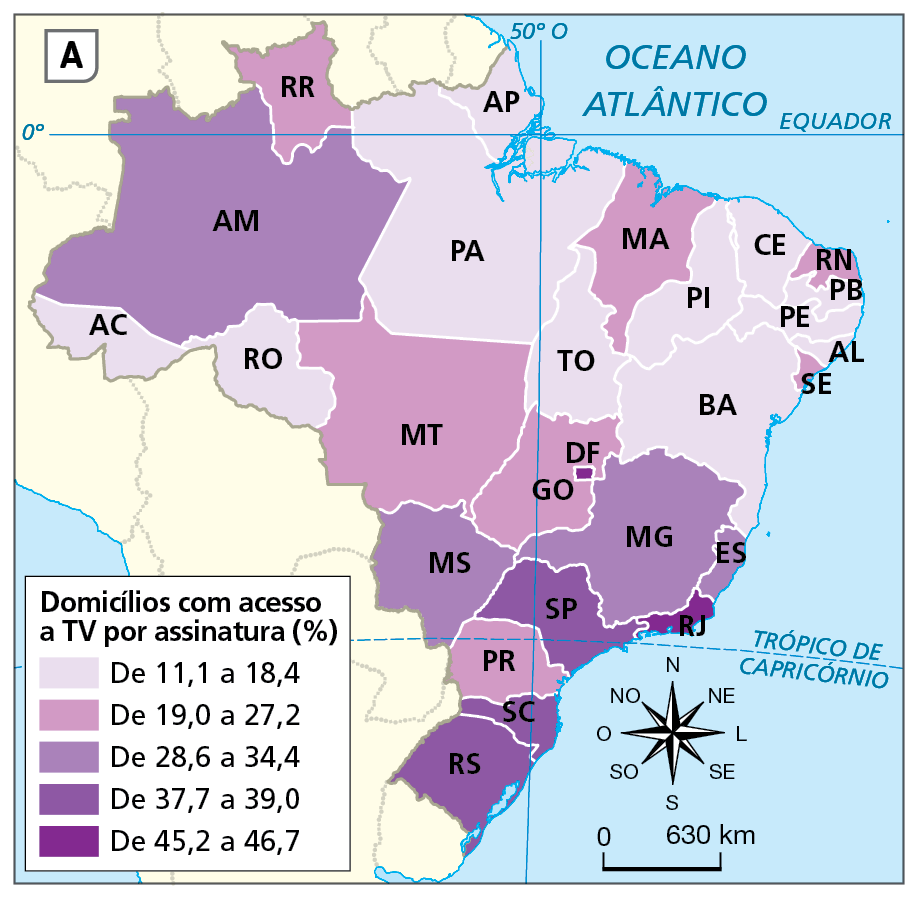 Mapa A. Brasil: domicílios com tevê por assinatura (em porcentagem) – 2019
Mapa do Brasil mostrando domicílios com tevê por assinatura nas unidades da federação, indicadas por siglas. Há cinco categorias, diferenciadas por tonalidades de roxo. Os tons mais mais claros representam valores menores, e os mais escuros valores maiores.
De 11,1 a 18,4: Acre, Rondônia, Pará, Amapá, Tocantins, Piauí, Bahia, Alagoas, Pernambuco, Paraíba e Ceará. 
De 19,0 a 27,2: Roraima, Sergipe, Rio Grande do Norte, Maranhão, Mato Grosso, Goiás e Paraná. 
De 28,6 a 34,4: Amazonas, Mato Grosso do Sul, Minas Gerais e Espírito Santo.
De 37,7 a 39,0: Rio Grande do Sul, Santa Catarina e São Paulo. 
De 45,2 a 46,7: Distrito Federal e Rio de Janeiro.
Na parte inferior, rosa dos ventos e escala de 0 a 630 quilômetros.