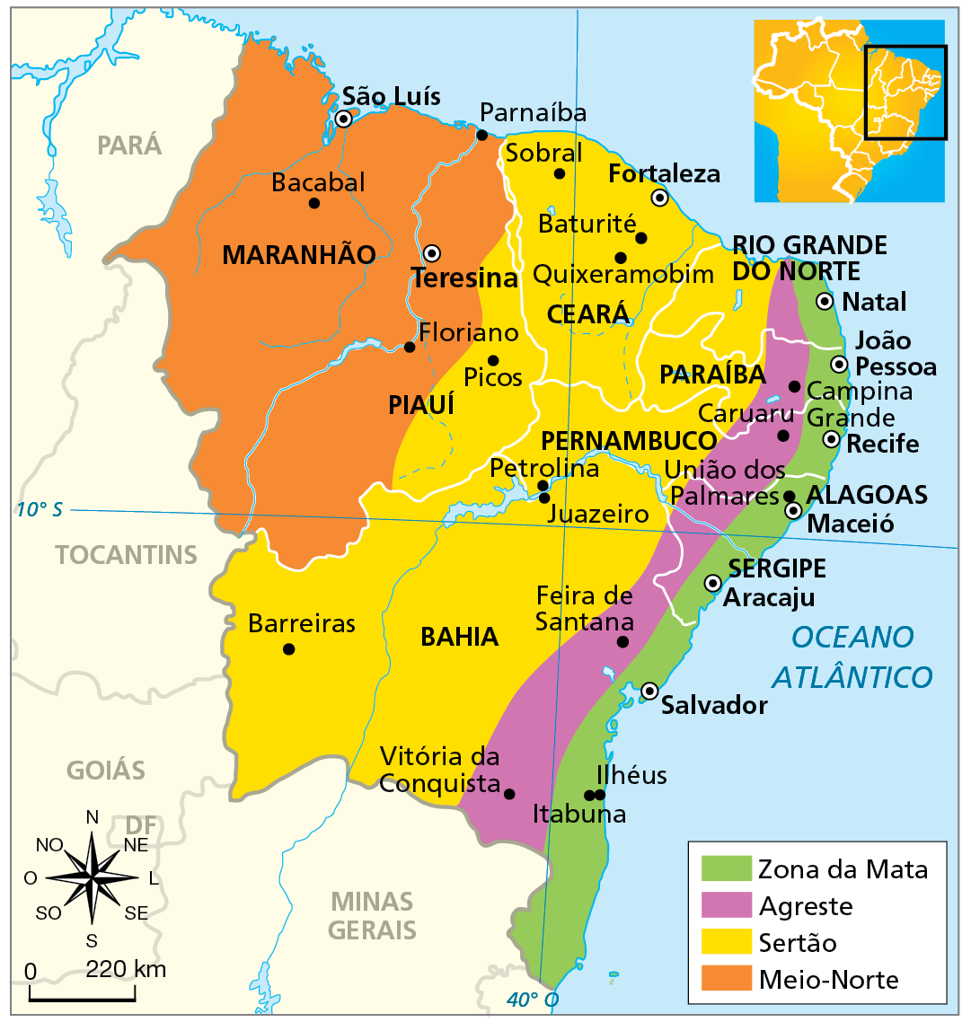 Mapa. Região Nordeste: sub-regiões naturais.  
Mapa representando as sub-regiões naturais do Nordeste: Zona da Mata, Agreste, Sertão e Meio-Norte; e algumas cidades de destaque em cada uma das sub-regiões.  
Zona da Mata: estreita faixa litorânea que se estende do sul da Bahia ao Rio Grande do Norte; cidades destacadas: Itabuna, Ilhéus, Salvador, Aracajú, Maceió, União dos Palmares, Recife, João Pessoa, Natal. 
Agreste: estreita faixa de terras que se estende pelo interior do continente, imediatamente a oeste da Zona da Mata, desde o sul da Bahia ao litoral norte do Rio Grande do Norte; cidades destacadas: Vitória da Conquista, Feira de Santana, Caruaru, Campina Grande. 
Sertão: extensa área situada entre o Agreste e o Meio-Norte, desde o oeste da Bahia ao litoral do Ceará, compreendendo também parte do litoral norte do Rio Grande do Norte; cidades destacadas: Barreiras, Juazeiro, Petrolina, Picos, Quixeramobim, Baturité, Fortaleza, Sobral. 
Meio-Norte: faixa de terras que compreende o estado do Maranhão e parte do estado do Piauí; cidades destacadas: Bacabal, São Luís, Teresina, Floriano, Parnaíba. 
Na parte inferior, rosa dos ventos e escala de 0 a 220 quilômetros.