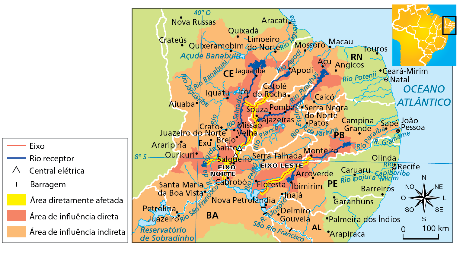 Mapa. Eixos do projeto. Mapa das áreas abrangidas pela transposição das águas do Rio São Francisco, localizando os eixos de transposição, os rios receptores, as centrais elétricas, as barragens e as áreas de influência e diretamente afetadas. 
Eixo Norte: captação no Rio São Francisco na altura do município de Floresta, em Pernambuco. Receptores: Rio Salgado, Rio Apodi, Rio Piranhas. 
Eixo Leste: captação no Rio São Francisco na altura do município de Floresta, em Pernambuco. Receptores: Rio Moxotó, Rio Paraíba. 
Áreas diretamente afetadas: faixas estreitas de terras que acompanham os eixos. 
Áreas de influência direta: áreas que acompanham os arredores dos eixos. 
Áreas de influência indireta: maior faixa na região, que compreende o sertão dos estados do Ceará, do Rio Grande do Norte, da Paraíba, de Pernambuco, de Alagoas e do norte da Bahia. 
Na parte inferior, rosa dos ventos e escala de 0 a 100 quilômetros.