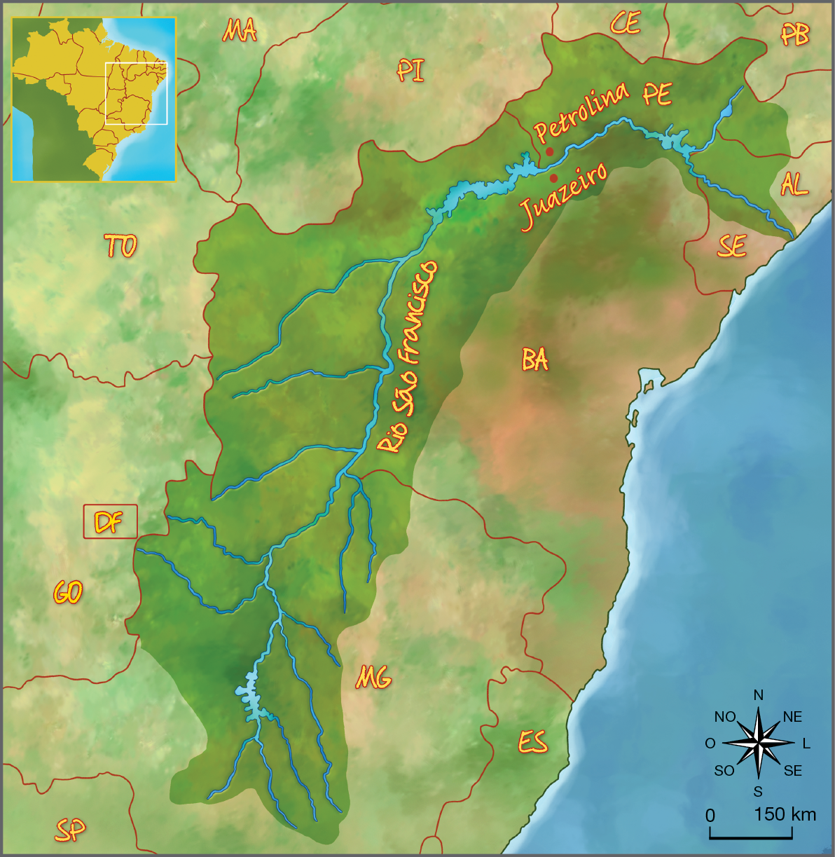 Mapa. Região hidrográfica do São Francisco. Delimitação da área de abrangência da bacia hidrográfica do Rio São Francisco, identificação da rede hidrográfica com os principais afluentes e localização de Petrolina, em Pernambuco, e Juazeiro, na Bahia. 
Na parte inferior, rosa dos ventos e escala de 0 a 150 quilômetros.