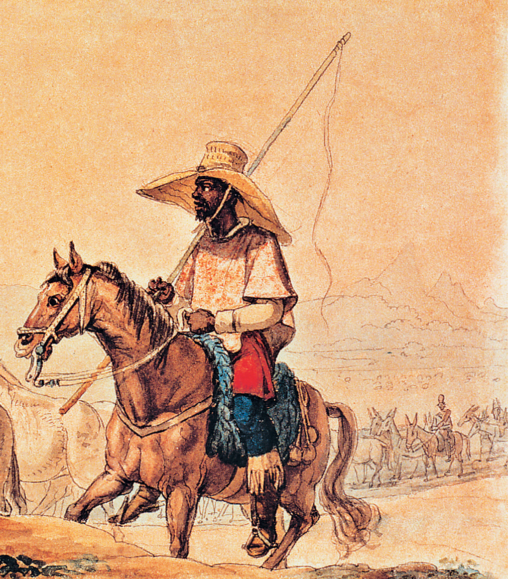 Pintura. No primeiro plano, um homem negro de chapéu, camisa e calças longas e largas, calçando botas e segurando uma vara. Ele aparece montado em um cavalo. No segundo plano, ao fundo, outras pessoas montadas em cavalos.