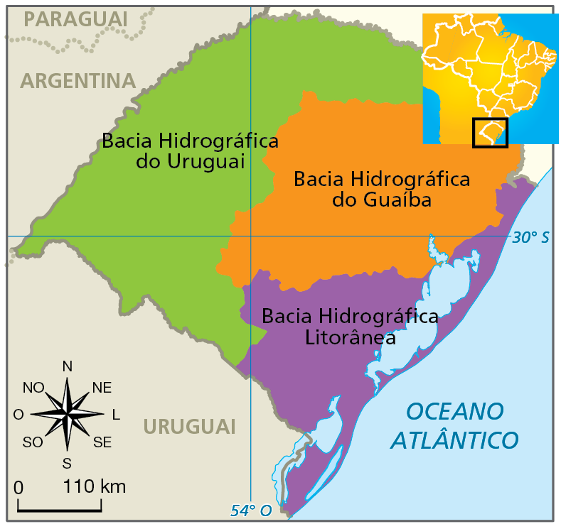 Mapa. Rio Grande do Sul: bacias hidrográficas. Delimitação da área de abrangência das bacias hidrográficas do Uruguai, do Guaíba e Litorânea. Bacia Hidrográfica do Uruguai: bacia de maior extensão, abrangendo a faixa norte e as porções centro oeste e sudoeste do estado. Bacia Hidrográfica do Guaíba: compreende a porção nordeste e uma extensa área na parte central e a leste do estado, até o limite com a faixa litorânea. Bacia Hidrográfica Litorânea: abarca toda a faixa litorânea e a porção sul do Rio Grande do Sul, se estendendo a oeste até o limite com a bacia hidrográfica do Uruguai. Na parte inferior, à esquerda, rosa dos ventos e escala de 0 a 110 quilômetros.