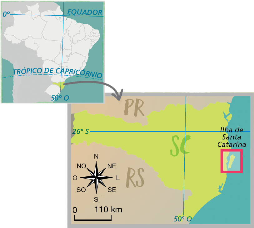 Mapa. No canto superior, à esquerda, mapa do Brasil em neutro com os limites das unidades federativas; destaque em verde apenas no território de Santa Catarina. À direita, mapa ampliado destacando o estado de Santa Catarina. No litoral, quadro vermelho ressaltando a Ilha de Santa Catarina.