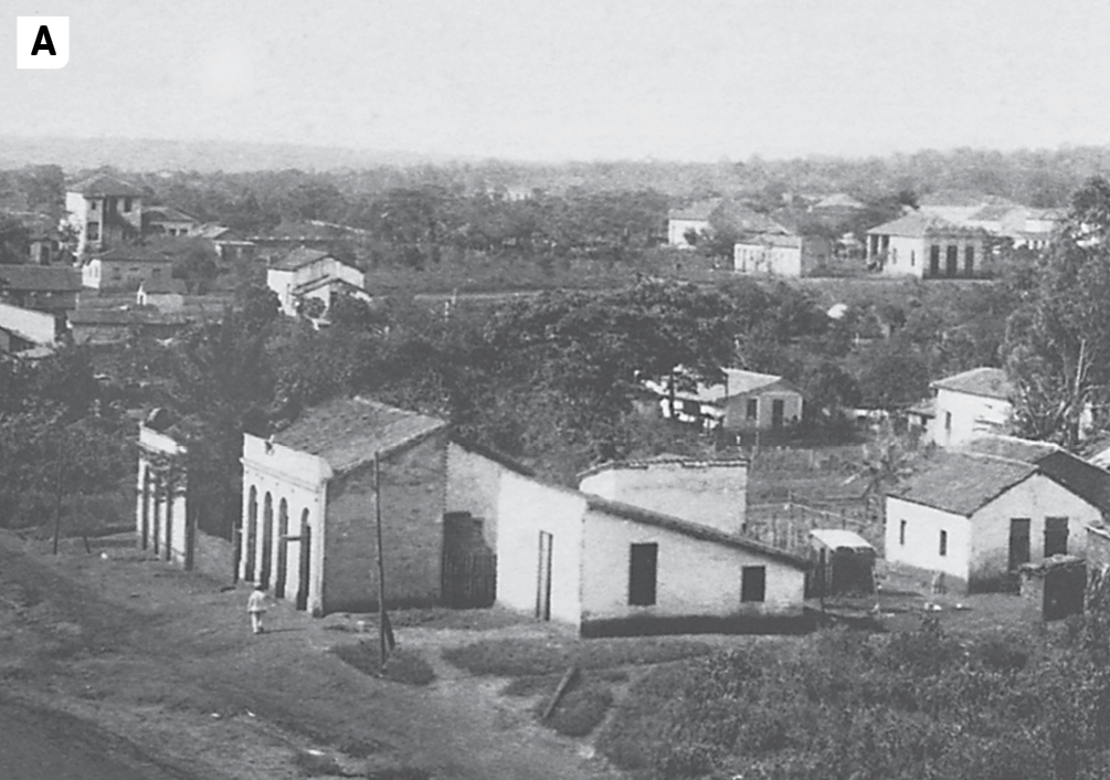 Fotografia A em preto e branco. Vista de algumas casas térreas com quintais e árvores ao redor. Ao fundo, outras casas e árvores.