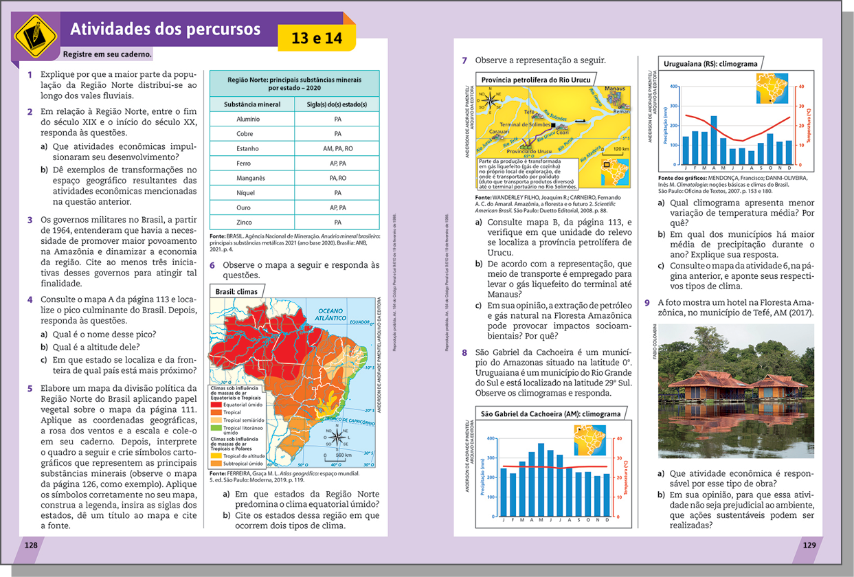 Duas páginas de livro. Destaque para a seção Atividades dos percursos 13 e 14.