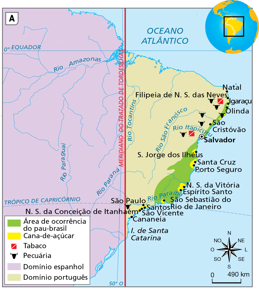 Mapa A. Brasil: economia e construção de espaços geográficos – século dezesseis
Mapa do Brasil mostrando as atividades econômicas desenvolvidas no século dezesseis. O limite traçado pelo Tratado de Tordesilhas aparece no mapa, demarcando os domínios espanhol (à oeste) e português (à leste). As atividades estão todas no domínio português:
Área de ocorrência do pau-brasil: faixa litorânea, de São Sebastião do Rio de Janeiro, na costa sudeste, à Igaraçu, na costa nordeste. Na área de ocorrência estão destacadas Salvador e São Cristóvão.
Cana-de-açúcar: manchas esparsas no litoral, permeando áreas de ocorrência de pau-brasil. Destaques para Itanhaém, São Vicente, São Paulo, Santos, São Sebastião do Rio de Janeiro, Espírito Santo, Nossa Senhora da Vitória, Porto Seguro, Santa Cruz, São Jorge dos Ilhéus, Nossa Senhora das Neves, Igaraçu e Olinda.
Tabaco: duas ocorrências no interior nordestino, uma próxima à Salvador e outra nas imediações de Igaraçu.  
Pecuária: seis ocorrências na porção nordeste, sendo cinco no interior e uma no litoral (entre Olinda e São Cristóvão) e uma ocorrência no interior da porção sudeste, entre Cananeia e São Vicente.
Na parte inferior, rosa dos ventos e escala de 0 a 490 quilômetros.