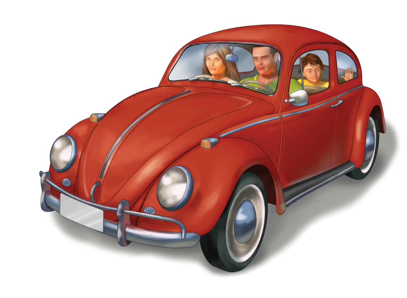 Ilustração. Um fusca vermelho com um casal sentado nos bancos da frente e uma criança no banco de trás. O fusca é um carro antigo com lanternas redondas, duas portas e tem o formato redondo também.