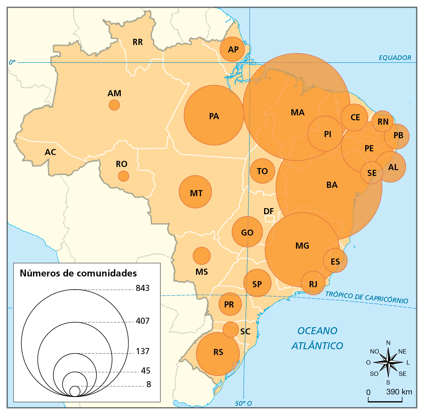 Mapa. Brasil: números de comunidades quilombolas, 2021. Mapa de parte da América do Sul com destaque para o Brasil e sua divisão política. Há círculos por unidade da federação para representar número de comunidades quilombolas.  
Maranhão e Bahia: 843 comunidades. 
Minas Gerais: 407 comunidades. 
Pará e Pernambuco: entre 407 e 137. 
Rio Grande do Sul: 137 comunidades. 
Mato Grosso e Piauí: entre 137 e 45 comunidades. Amapá, Tocantins, Ceará, Rio Grande do Norte, Paraíba, Sergipe, Espírito Santo, Rio de janeiro, São Paulo, Paraná: 45 comunidades. Amazonas e Rondônia: 8 comunidades.