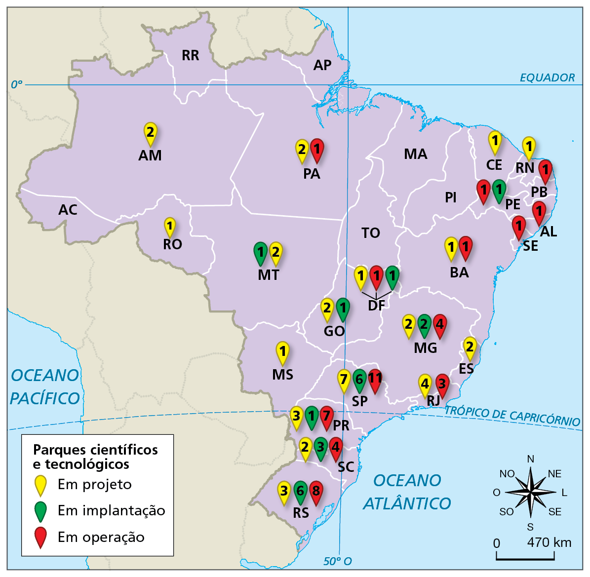 Mapa. Brasil: distribuição espacial de parques científicos e tecnológicos por unidade da federação – 2019.  
Mapa do Brasil mostrando a distribuição de parques científicos e tecnológico entre as unidades da federação: 
Em projeto: Rio Grande do Sul 3. Santa Catarina 2. Paraná 3. São Paulo 7. Rio de Janeiro 4. Espírito Santo 2. Minas Gerais 2. Goiás 2. Distrito Federal 1. Mato Grosso 2. Mato Grosso do Sul 1. Bahia 1. Rio Grande do Norte 1. Ceará 1. Pará 2. Amazona 2. Rondônia 1. 
Em implantação: Rio Grande do Sul 1. Santa Catarina 3. Paraná 1. São Paulo 6. Minas Gerais 2. Goiás 1. Distrito Federal 1. Mato Grosso 1. Pernambuco 1. 
Em operação: Rio Grande do Sul 8. Santa Catarina 4. Paraná 7. São Paulo Rio de Janeiro 3. Minas Gerais 4. Distrito Federal 1, Bahia 1. Sergipe 1. Alagoas 1. Paraíba 1. Pernambuco 1. Pará 1.
Na parte inferior, rosa dos ventos e escala de 0 a 470 quilômetros.