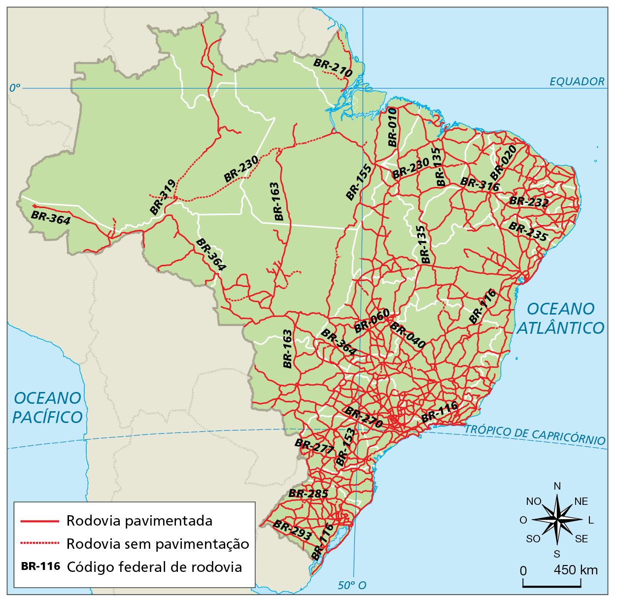 Mapa. Brasil: rede rodoviária federal – 2021 . 
Mapa do Brasil mostrando a distribuição da malha rodoviária federal, tanto de rodovias pavimentadas (em traço vermelho contínuo) quanto sem pavimentação (com traço vermelho tracejado). Além disso, há o código federal de algumas rodovias descrito em preto.
Rodovias pavimentadas: grande concentração nas regiões sudeste, sobretudo no estado de São Paulo, e sul. Em Goiás, no Distrito Federal e próximo à faixa costeira nordestina, também a adensamento de rodovias pavimentadas. Em menor quantidade, há rodovias que cruzam as regiões centro-oeste e norte.
Rodovias sem pavimentação: em geral, estão em trechos ligados às rodovias pavimentadas, sobretudo nos estados do Amazonas, do Pará, do Amapá e do Mato Grosso. Há outros trechos menores não pavimentados no interior do nordeste, em Goiás, em São Paulo, em Minas Gerais, no Espírito Santo, no Paraná e no Rio Grande do Sul.
Código federal de rodovia: BR-116 - se estende do Rio Grande do Sul até o litoral cearense, em uma faixa próxima ao litoral brasileiro. BR-293 - cruza a porção sul do Rio Grande do Sul. BR-85 está na faixa norte do Rio Grande do Sul. BR-277 - cruza a porção sul do Paraná, de oeste à leste. BR-153 - estende-se da região sul ao norte do território, no sentido vertical. BR-270 - cruza a porção sul de São Paulo, de oeste à leste. BR-040 - estende-se de Brasília ao Rio de Janeiro. BR-364 - estende-se de São Paulo ao Acre, passando pelo centro-oeste e por Rondônia. BR-235 - do litoral de Sergipe à porção interiorana da região nordeste. BR-232 - de Pernambuco à porção interiorana da região nordeste. BR-316 - estende-se do litoral de Alagoas à Belém. BR-020 – do litoral de Fortaleza à porção interiorana da região nordeste. BR-135 – do Maranhão à porção interiorana do território nacional. BR-230 - do litoral da Paraíba ao interior amazonense. BR-010 - de Belém à Brasília, passando pelo Tocantins. BR-163 - liga o Mato Grosso do Sul ao Pará. BR-155 - extensão longitudinal, do Pará à porção centro-sul do território. BR-210 - localizada no Amapá. BR-319 - de Rondônia ao Amazonas. BR-060 – de Brasília ao Mato Grosso do Sul.
Na parte inferior, rosa dos ventos e escala de 0 a 450 quilômetros.