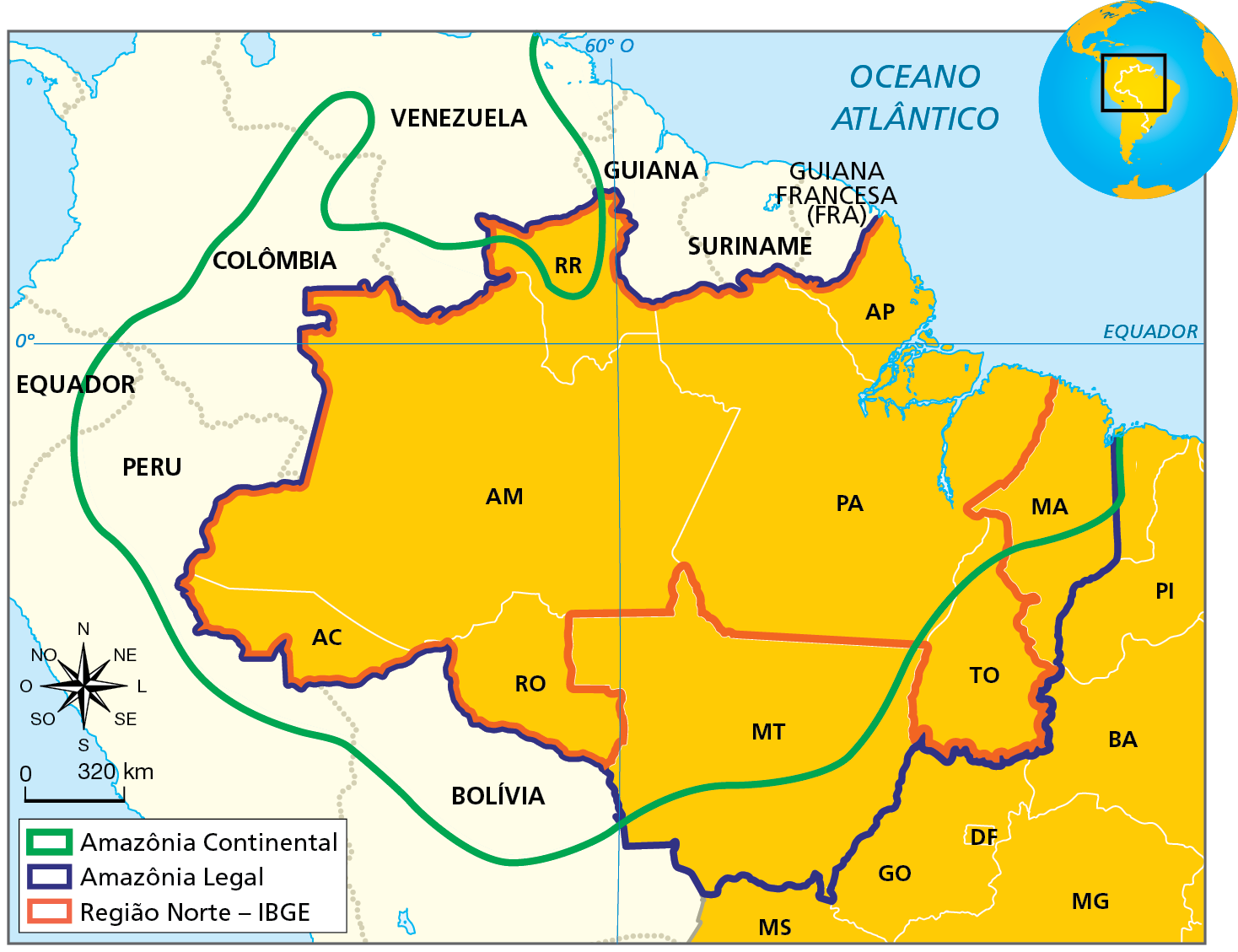 Mapa. Amazônia Continental, Amazônia Legal e Região Norte. Mapa representando a porção norte, noroeste e oeste da América do Sul e a delimitação da Amazônia Continental (linha verde), da Amazônia Legal (linha azul) e da Região Norte do Brasil (linha vermelha). Região Norte: formada pelos estados do Acre, Rondônia, Amazonas, Roraima, Pará, Amapá e Tocantins. Amazônia Legal: estende-se pelo território do Acre, Rondônia, Mato Grosso, Amazonas, Roraima, Pará, Amapá, Tocantins e parte do Maranhão. Amazônia Continental: no Brasil, abrange parte do território de Mato Grosso, Maranhão e Tocantins, os estados de Pará, Amapá, Rondônia, Acre, Amazonas e porção sul de Roraima, estendendo-se por outros países da América do Sul: norte da Bolívia, porção leste e norte do Peru, porção leste do Equador, porção sudoeste e sul da Colômbia, porção sul e leste da Venezuela, e Guiana, Suriname e Guiana Francesa. Abaixo, rosa dos ventos com o norte orientado para cima e escala 0 para 320 quilômetros.