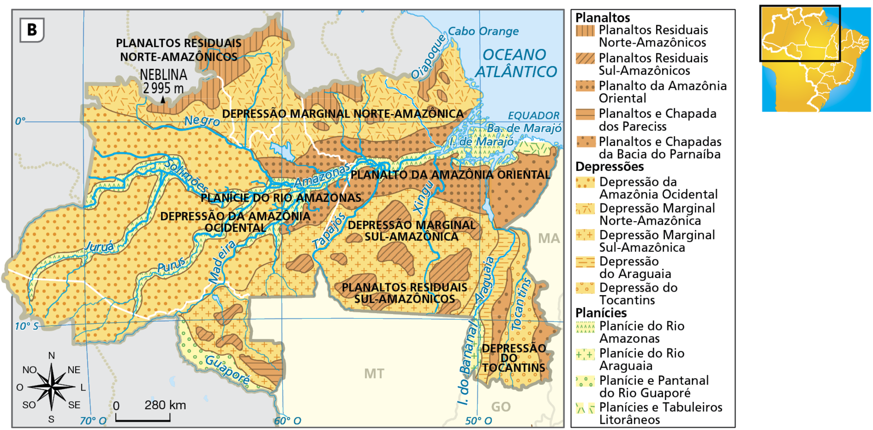 Mapa. Região norte: relevo.   
Mapa da região norte do Brasil com a distribuição das formas de relevo: planaltos, depressões e planícies. 
Grande parte da porção  oeste, sudoeste, sul e norte da região é composta por depressões, como a Depressão da Amazônia Ocidental, a Depressão Marginal Sul amazônica e a Marginal Norte Amazônica. 
Há planaltos no norte de Roraima e do Amazonas, os Planaltos residuais Norte Amazônicos, no centro e no nordeste do Pará (Planalto da Amazônia oriental) e no sul do Pará (planaltos Residuais Sul Amazônicos).  
As planícies se localizam nas margens dos rios Amazonas, Solimões, Juruá, Purus, Madeira e Guaporé e nas Ilhas do Bananal e de Marajó. Na parte inferior, rosa dos ventos com o norte orientado para cima e escala de 0 a 280 quilômetros.