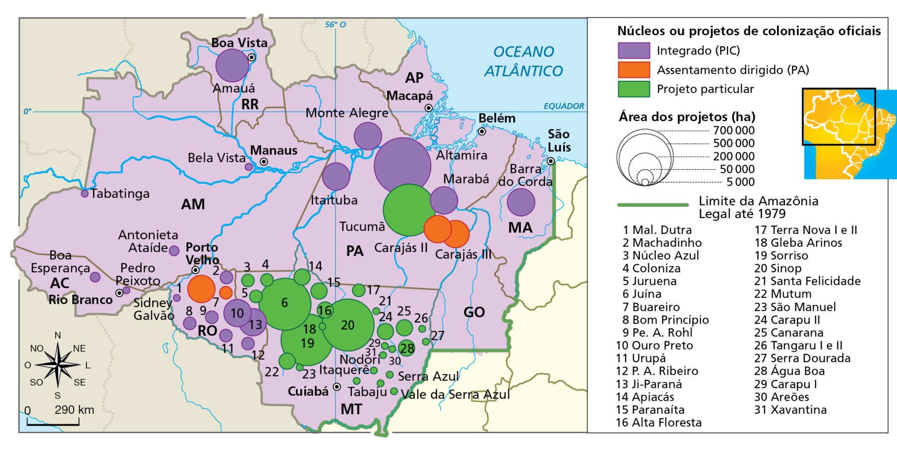 Mapa. Amazônia legal: núcleos ou projetos de colonização, 1970.  
Mapa da porção norte do Brasil com destaque para a área ocupada pela Amazônia legal até 1979: Acre, Amazonas, Roraima, Amapá, Pará, Rondônia,  Tocantins, Mato Grosso e parte do estado de Goiás.
No mapa, os núcleos ou projetos de colonização oficiais estão representados por círculos cujo tamanho varia em função da área em hectares dos projetos.  
Núcleos ou projetos de colonização oficiais: 31 nos estados de Mato Grosso e de Rondônia, dos quais 3 com áreas de 500.000 hectares; os demais ocupando áreas menores. No Pará, 7 núcleos ou projetos de colonização oficiais ocupando extensas áreas: o de Altamira, 700.000 hectares e o de Tucumã 500.000 hectares. 
Núcleos ou projetos de colonização oficiais. 
Acre: Boa esperança e Pedro Peixoto. 
Rondônia: Marechal Dutra,  
Machadinho, Buareiro, Bom Princípio, Padre A Roul, Ouro Preto, Urupuá, Pê A Ribeiro, Ji-Paraná.
Mato Grosso: Núcleo Azul, Coloniza, Juruena, Juína, Apiacás, Paranaíta, Alta Floresta, Terra Nova I e II, Gleba Arinos, Sorriso, Sinop, Santa Felicidade, Mutum, São Manuel, Carapu II, Canarana, Tangaru I e II, Serra Dourada, Água Boa, Carapu I, Areões, Xavantina. 
Pará: Monte Alegre, Itaituba, Altamira, Marabá, Carajás I, Carajás II e Monte Alegre. 
Maranhão: barra do Corda. 
Roraima: Amauá.
Amazonas: Antonieta Ataíde, Tabatinga e Bela Vista.
Na parte inferior, rosa dos ventos e escala de 0 a 290 quilômetros.