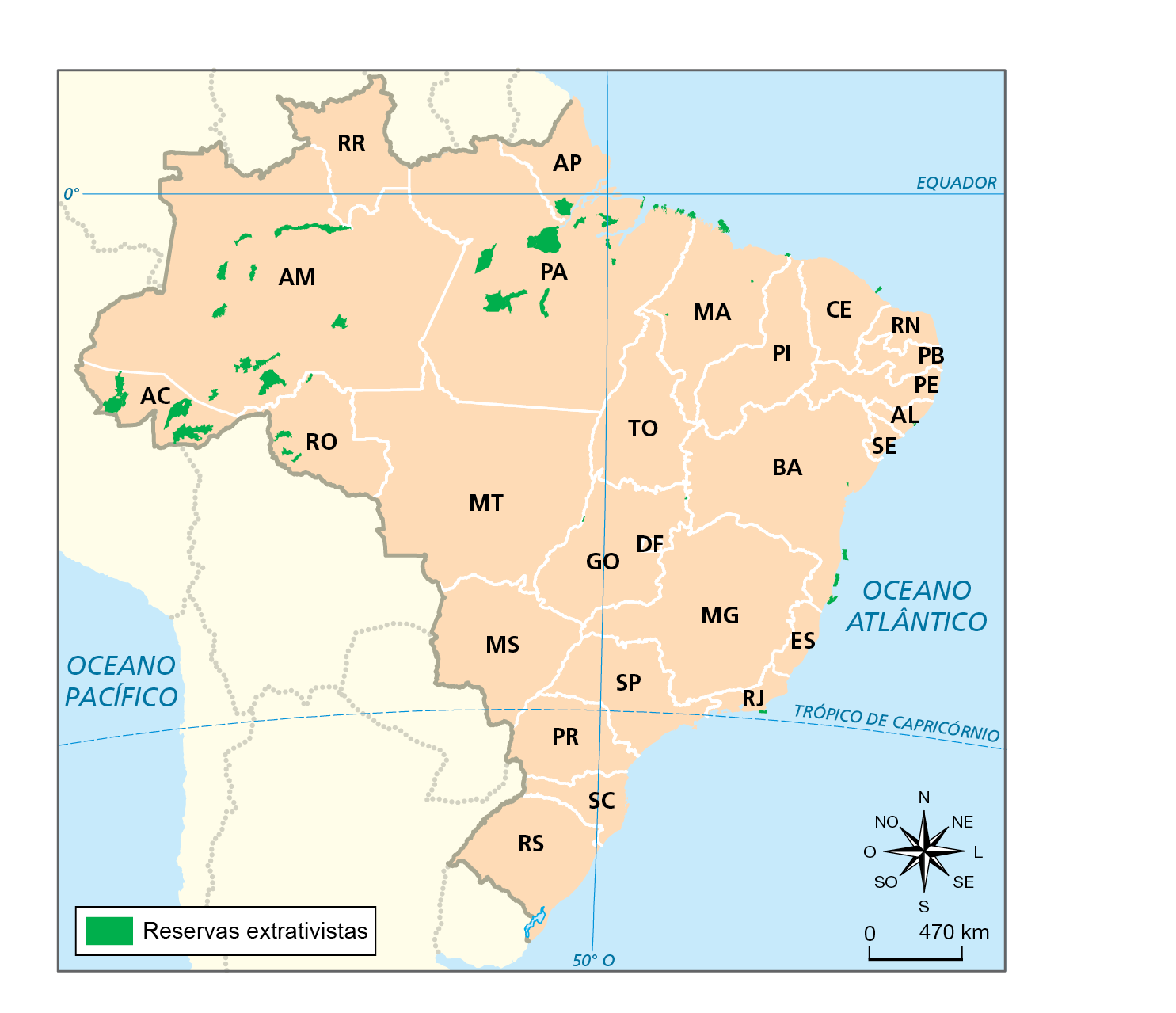 Mapa. Brasil: reservas extrativistas  
Mapa do Brasil mostrando a localização das reservas extrativistas do país. As maiores estão concentradas nas porções leste e oeste do Acre, em manchas no centro-oeste do Amazonas e no centro-norte do Pará. Também há reservas no sul do Amapá, no oeste de Rondônia, no litoral e interior do Maranhão, na costa do Ceará, nos litorais da Bahia e do Rio de Janeiro e nas divisas de Goiás com o Mato Grosso e com a Bahia.
Na parte inferior, rosa dos ventos e escala de 0 a 470 quilômetros.