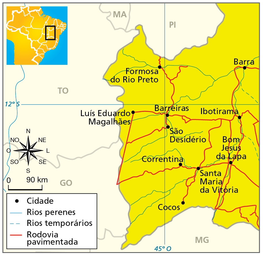 Mapa. Principais municípios do oeste baiano. Mapa destacando a região oeste da Bahia, com a localização das principais cidades, de alguns rios perenes e temporários e das rodovias pavimentadas. Cidade: Cocos, Santa Maria da Vitória, Bom Jesus da Lapa, São Desidério, Ibotirama, Luís Eduardo Magalhães, Formosa do Rio Preto, Barreiras, Barra. Rios perenes: há vários atravessando a região. Rios temporários: dois concentrados na porção leste. Rodovia pavimentada: diversas rodovias interligando as principais cidades da região. À esquerda, rosa dos ventos e escala de 0 a 90 quilômetros.