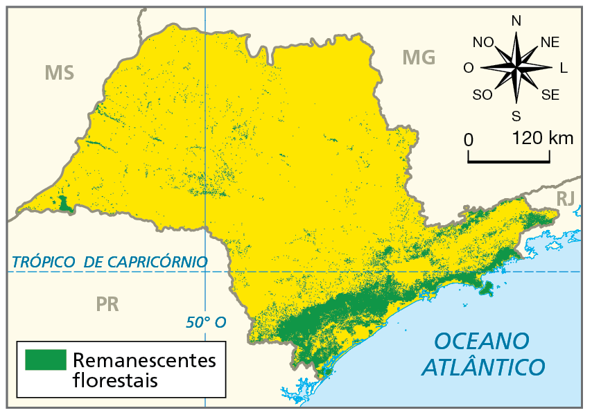 Mapa. Estado de São Paulo: Mata Atlântica, 2020. Mapa do estado de São Paulo com destaque para remanescentes florestais de Mata Atlântica: concentração de remanescentes na faixa litorânea e áreas próximas e em alguns pontos espalhados no interior do estado. No canto superior direito, rosa dos ventos e escala de 0 a 120 quilômetros.