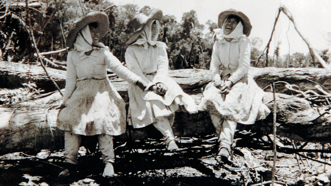 Fotografia em preto e branco. Três mulheres de vestido, usando chapéu e um laço que contorna o rosto e o queixo. Elas estão sorrindo e sentadas em um tronco de árvore que está no chão. Há vegetação na parte de traz de onde elas se encontram.