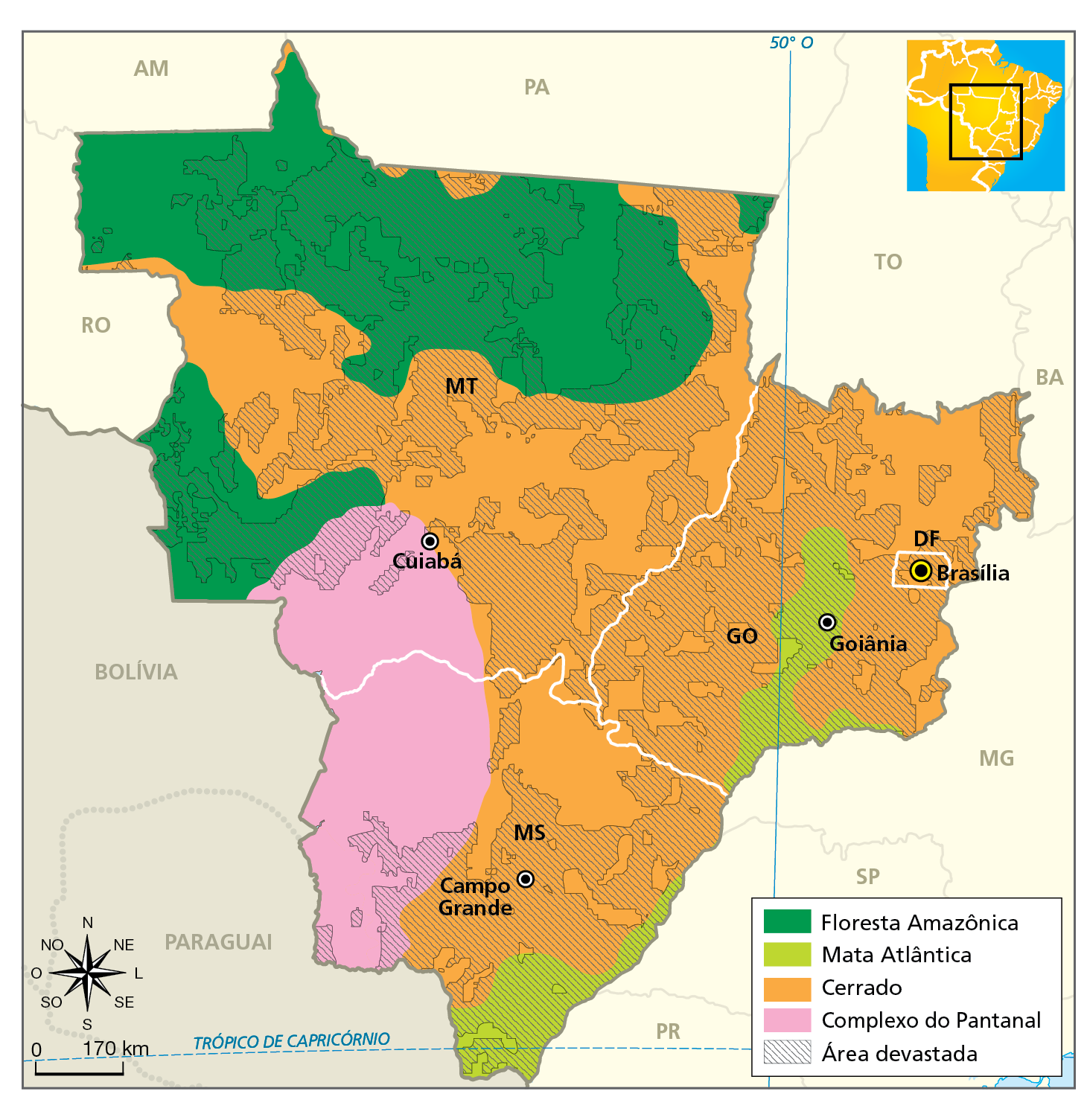 Mapa. Região Centro-Oeste: vegetação natural e devastação. 
Mapa com destaque para a Região Centro Oeste e a distribuição dos tipos de vegetação natural e de áreas devastadas nas unidades da federação que a compõem. Cada tipo de vegetação é representado por uma cor e as áreas devastadas estão hachuradas.
Floresta Amazônica, em verde escuro: predomina na porção norte e oeste do estado de Mato Grosso. 
Mata Atlântica, na cor verde claro: faixa estreita no centro e na porção sudeste do estado de Goiás e em quase toda a extensão da área próxima à divisa de Mato Grosso do Sul com os estados do Paraná e São Paulo.  
Cerrado, na cor laranja: predomina em todo o Distrito Federal, em quase todo o estado de Goiás, porção central, leste e parte do sul de Mato Grosso e porção central e nordeste do Mato Grosso do Sul. 
Complexo do Pantanal, na cor rosa: predomina na porção oeste e noroeste do Mato Grosso do Sul e na porção sudoeste de Mato Grosso, chegando a Cuiabá. 
Área devastada: maior parte do estado de Goiás, do Distrito Federal, do estado de Mato Grosso e da porção centro e leste do Mato Grosso do Sul. No Complexo do Pantanal há poucas áreas devastadas. 
No canto inferior esquerdo, rosa dos ventos e escala de 0 a 170 quilômetros.
