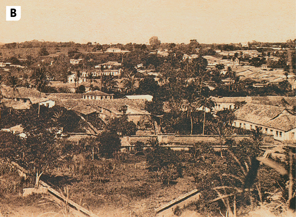 Fotografia B. Fotografia antiga em tons de sépia de vista de uma área com casas e muitas árvores. No primeiro plano, área livre com gramado e plantas.