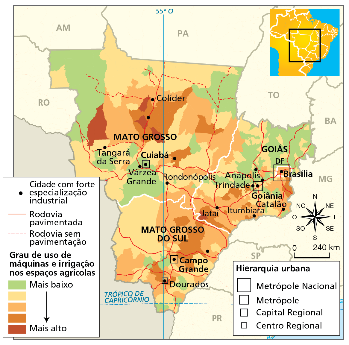 Mapa. Região Centro-Oeste: uso do território. Mapa mostrando a localização das cidades com forte especialização industrial, das áreas com graus diferenciados de uso de máquinas e irrigação nos espaços agrícolas, além da hierarquia das principais aglomerações urbanas e rodovias pavimentadas e não pavimentadas.
Cidades com forte especialização industrial: no Mato Grosso do Sul: Campo Grande, Dourados; em Goiás: Goiânia, Itumbiara, Catalão, Anápolis, Trindade, Jataí; no Mato Grosso: Tangará da Serra, Colíder, Cuiabá, Várzea Grande, Rondonópolis. Distrito Federal: Brasília. 
Rodovia pavimentada: diversas rodovias interligando os estados do Centro-Oeste. Rodovia sem pavimentação: pequenos trechos no sul do Mato Grosso do Sul e no norte do Mato Grosso. 
Graus de uso de máquinas e irrigação nos espaços e agrícolas: Mais alto: parte central e leste do Mato Grosso; porção sul e leste de Goiás; parte central e nordeste do Mato Grosso do Sul. Mais baixo: porções sul, noroeste e nordeste do Mato Grosso; partes central, norte e nordeste de Goiás; porção sul do Mato Grosso do Sul. 
Hierarquia urbana: Metrópole Nacional, Brasília; Metrópole, Goiânia; Capitais regionais, Campo Grande e Cuiabá; Centro regional: Dourados. 
À direita, rosa dos ventos e escala de 0 a 240 quilômetros.