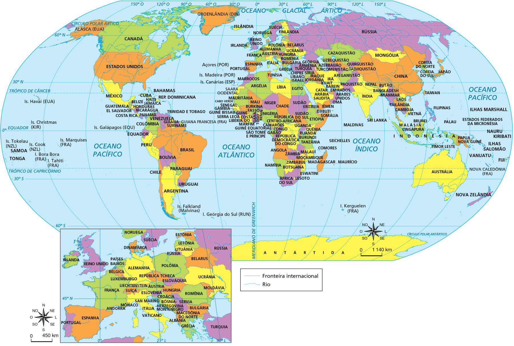 Mapa. Planisfério político. Divisão territorial de todos os países do mundo. 
Ilhas do Havaí (Estados Unidos), Ilhas Christmas (Austrália), Ilhas Tokelau (Nova Zelândia), SAMOA, TONGA, Ilhas Cook (Nova Zelândia), Ilha Tahiti (França), Ilha Bora Bora (França), Ilhas Marquises, Ilhas Galápagos (Equador), ANTÁRTIDA, Alasca (Estados Unidos), Groenlândia (Dinamarca), CANADÁ, ESTADOS UNIDOS, MÉXICO, BAHAMAS, CUBA, JAMAICA HAITI, REPÚBLICA DOMINICANA, BELIZE, GUATEMALA, HONDURAS, EL SALVADOR, NICARÁGUA, COSTA RICA, TRINIDAD E TOBAGO, PANAMÁ, VENEZUELA, GUIANA, Guiana Francesa (França), SURINAME, COLÔMBIA, EQUADOR, PERU, BRASIL, BOLÍVIA, PARAGUAI, CHILE, URUGUAI, ARGENTINA, Ilhas Falkland (Malvinas), Ilha Geórgia do Sul (Reino Unido). 
Açores (Portugal), Ilhas Madeira (Portugal), Ilhas Canárias (Espanha), ISLÂNDIA, SUÉCIA, NORUEGA, FINLÂNDIA, DINAMARCA, REINO UNIDO, PAÍSES BAIXOS, BÉLGICA, LUXEMBURGO, LIECHTENSTEIN, SUÍÇA, IRLANDA, PORTUGAL, ESPANHA, FRANÇA, ANDORRA, MÔNACO, SAN MARINO, ITÁLIA, VATICANO, ESTÔNIA, LETÔNIA, LITUÂNIA, RÚSSIA, POLÔNIA, ALEMANHA, REPÚBLICA TCHECA, ÁUSTRIA, ESLOVÁQUIA, HUNGRIA, ESLOVÊNIA, CROÁCIA, BÓSNIA-HERZEGOVINA, SÉRVIA, MONTENEGRO, MACEDÔNIA DO NORTE, ALBÂNIA, GRÉCIA, TURQUIA, BULGÁRIA, ROMÊNIA, MOLDÁVIA, UCRÂNIA, BELARUS, CHIPRE, LÍBANO, ISRAEL, SÍRIA, IRAQUE, JORDÂNIA, KUAIT, BAREIN, CATAR, ARÁBIA SAUDITA, IÊMEM, OMÃ, EMIRADOS ÁRABES UNIDOS, IRÃ, AFEGANISTÃO, GEÓRGIA, ARMÊNIA, AZERBAIJÃO, TURCOMENISTÃO, CAZAQUISTÃO, UZBEQUISTÃO, QUIRGUISTÃO, TADJIQUISTÃO, PAQUISTÃO, ÍNDIA, MALDIVAS, SRI LANKA, NEPAL, BUTÃO, BANGLADESH, MIANMAR, LAOS, TAILÂNDIA, CAMBOJA, VIETNÃ, CHINA, MONGÓLIA, COREIA DO NORTE, COREIA DO SUL, JAPÃO, TAIWAN, FILIPINAS, PALAU, BRUNEI, MALÁSIA, CINGAPURA, INDONÉSIA, TIMOR LESTE, PAPUA NOVA GUINÉ, ILHAS MARSHALL, ESTADOS FEDERADOS DA MICRONÉSIA, NAURU, KIRIBATI, ILHAS SALOMÃO, VANUATU, FIJI, Nova Caledônia (França), AUSTRÁLIA, NOVA ZELÂNDIA, SAARA OCIDENTAL, MARROCOS, TUNÍSIA, MAURITÂNIA, ARGÉLIA, LÍBIA, EGITO, CABO VERDE, SENEGAL, GÂMBIA, GUINÉ BISSAU, MALI, NÍGER, CHADE, SUDÃO, ERITREIA, DJIBUTI, GUINÉ, SERRA LEOA, LIBÉRIA, COSTA DO MARFIM, BURKINA FASSO, GANA, TOGO, BENIM, NIGÉRIA, GUINÉ EQUATORIAL, SÃO TOMÉ E PRÍNCIPE, CAMARÕES, REPÚBLICA CENTRO AFRICANA, GABÃO, CONGO, REPÚBLICA DEMOCRÁTICA DO CONGO, SUDÃO DO SUL, UGANDA, ETIÓPIA, SOMÁLIA, QUÊNIA, RUANDA, BURUNDI, TANZÂNIA, ANGOLA, ZÂMBIA, MALAUÍ, COMORES, SEICHELLS, NAMÍBIA, ZIMBABUE, BOTSUANA, MOÇAMBIQUE, MADAGASCAR, MAURÍCIO, ESWATINI, ÁFRICA DO SUL, LESOTO, Ilha Kerguelen (França).