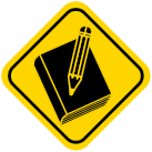 Ícone. Seção Atividades dos percursos. Composto por uma placa amarela com o desenho de um livro fechado com um lápis em cima.
