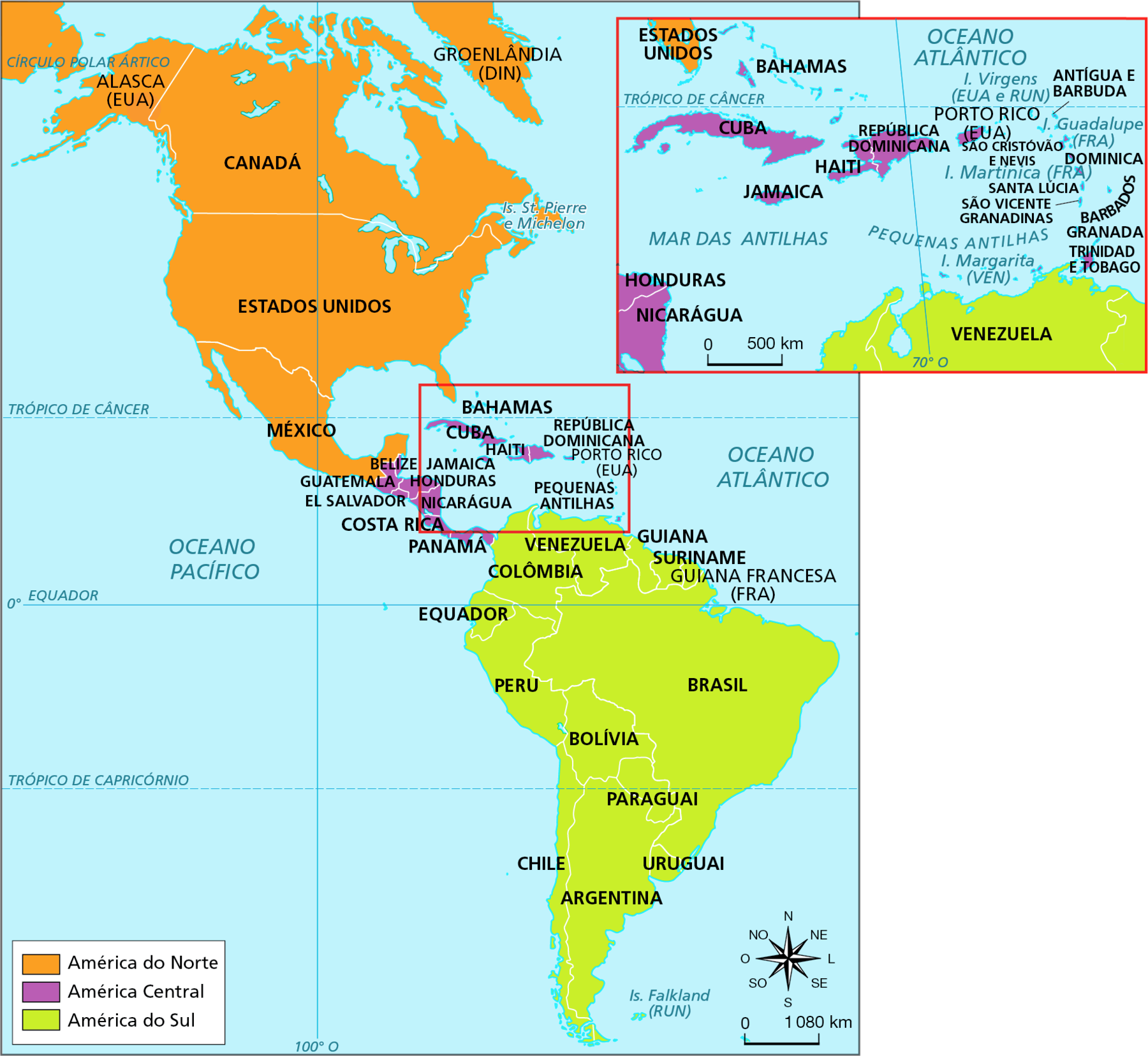 Mapa. Continente americano: Américas do Norte, Central e do Sul.  Mapa político da América com a identificação da América do Norte, da América Central e da América do Sul. América do Norte, representada em laranja: engloba Groenlândia (Dinamarca),  Alasca (Estados Unidos), Canadá, Estados Unidos e México.  A maior parte do território da América do Norte se localiza entre o Círculo Polar Ártico e o Trópico de Câncer.  América Central, em roxo: Belize, Guatemala, Honduras, El Salvador, Nicarágua, Costa Rica, Panamá, Bahamas, Cuba,  República Dominicana, Haiti, Jamaica, Porto Rico (Estados Unidos), São Cristóvão e Nevis, Antígua e Barbuda, Dominica, Santa Lúcia, São Vicente Granadinas, Barbados, Granada e Trinidad e Tobago. A América Central se localiza entre o Trópico de Câncer e o Equador. América do Sul, em verde: Venezuela, Guiana, Suriname, Guiana Francesa (França), Colômbia, Equador, Peru, Bolívia, Paraguai, Chile, Argentina e Uruguai.  A maior parte do território de Colômbia e os territórios de Venezuela, Guiana, Suriname e Guiana Francesa se localiza entre o Trópico de Câncer e o Equador. O restante da América do Sul encontra-se entre o Equador e o Círculo Polar Antártico.    À direita, rosa dos ventos e escala de 0 a 1.080 quilômetros.