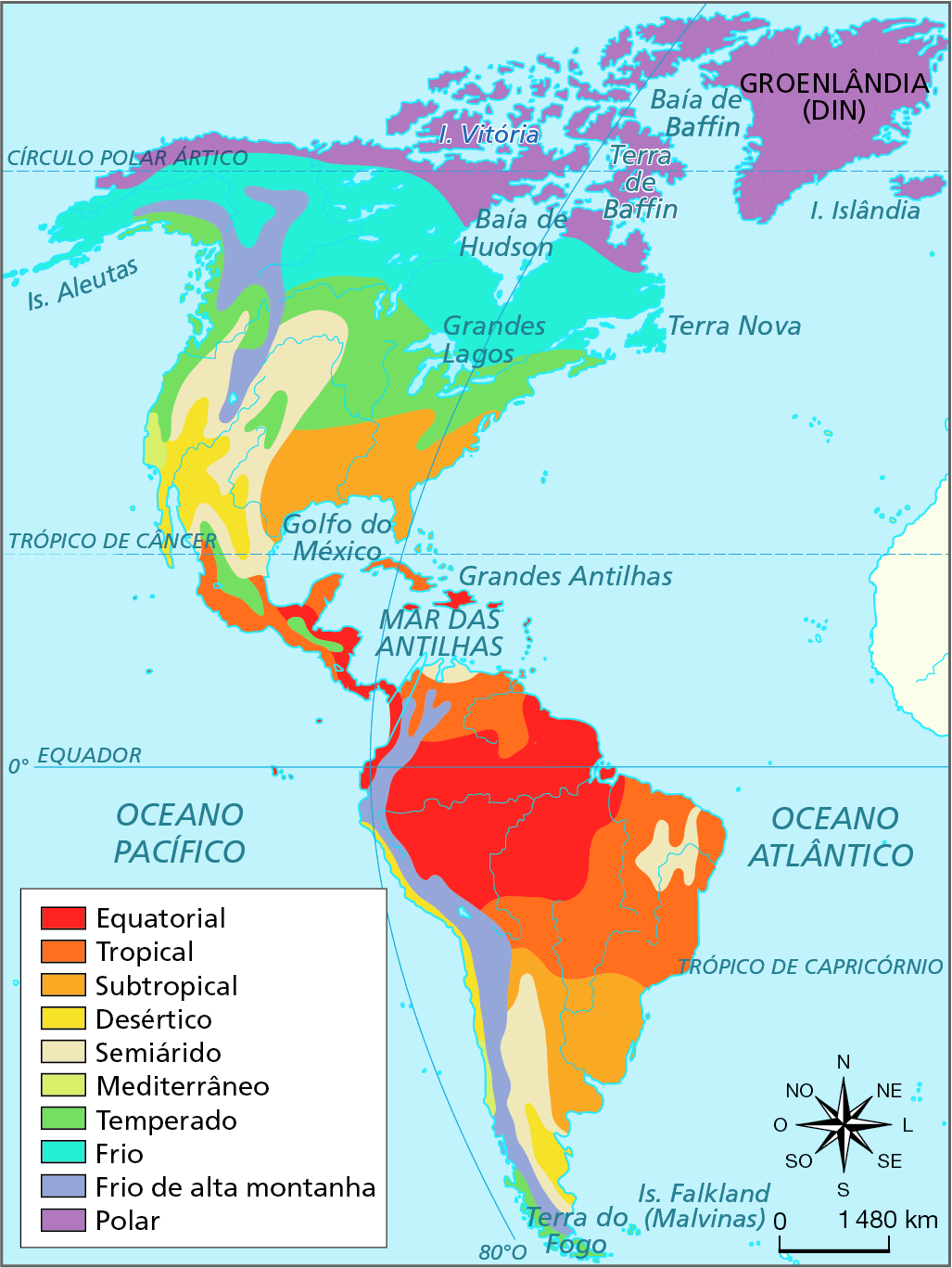 Mapa. América: tipos de clima.  Mapa do continente americano com a representação das áreas de ocorrência dos climas.     Equatorial, em vermelho: predomina na porção norte do Brasil, dos países localizados no norte da América do Sul, como Colômbia e Guiana, e na costa leste da América Central.  Tropical, em laranja escuro: predomina na costa oeste da América Central, no extremo norte da América do Sul e na porção central, sudeste e nordeste do Brasil.  Clima Subtropical, em laranja-claro: predomina na porção sudeste da América do Sul e na porção sudeste da América do Norte.  Desértico, em amarelo: predomina na porção sudoeste da América do Norte, em estreita faixa na costa oeste da América do Sul e em uma pequena faixa no sul da América do Sul.  Semiárido, em amarelo-claro: ocupa faixa no sul da América do Sul, no nordeste do Brasil e no oeste da América do Norte.  Mediterrâneo, em verde-claro: pequena faixa na costa oeste dos Estados Unidos.  Temperado, em verde: faixa no centro da América Central e na porção central da América do Norte e na costa oeste do extremo sul da América do Sul.  Frio, em verde-vivo: predomina na porção norte da América do Norte.  Frio de alta montanha, em azul: faixa que se estende de norte a sul da costa oeste da América do Sul e faixa a noroeste da América do Norte.  Polar: predomina no extremo norte da América do Norte.  À direita, rosa dos ventos e escala de 0 a 1.480 quilômetros.
