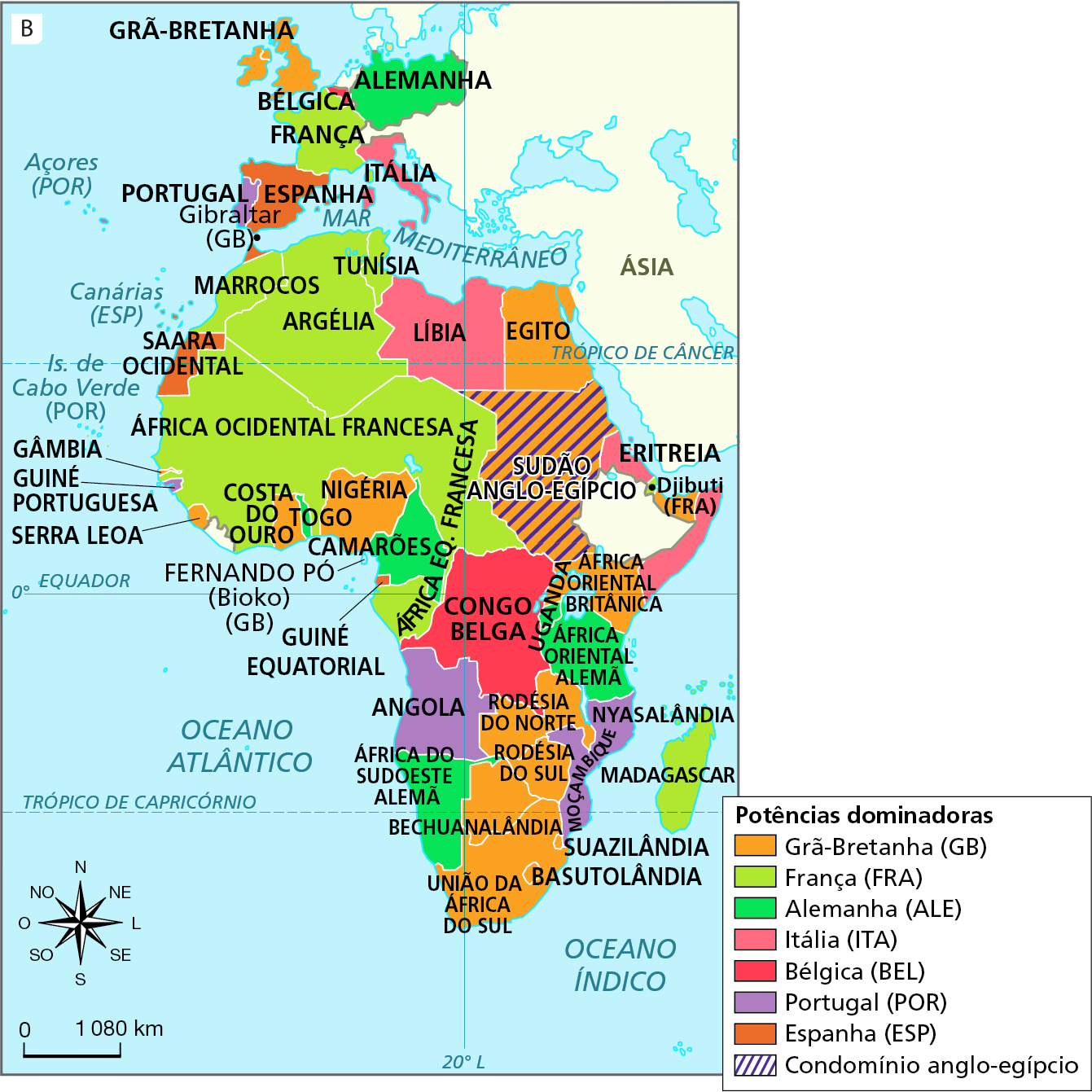 Mapa B. África e potências dominadoras – 1914.
Mapa da África e da Europa Ocidental, representando as potências dominantes e seus territórios colonizados no continente africano, em 1914.
Potências dominadoras e territórios dominados: 
Grã-Bretanha: União da África do Sul, Basutolândia, Suazilândia, Rodésia do Sul e Rodésia do Norte, na região sul do continente; Nigéria, Costa do Ouro e Serra Leoa, na costa centro-oeste; Egito, na região nordeste; na região centro-leste, a África Oriental Britânica. Ao norte da Europa, o território da Grã-Bretanha.
França: na parte central, oeste e norte da África: Marrocos, Tunísia e Argélia, na porção norte; África Ocidental Francesa e África Equatorial Francesa, na parte central; Ilha de Madagascar, a sudeste do continente. No centro do território europeu, o território da França, ao norte da Espanha, oeste da Alemanha e sul da Grã-Bretanha.
Alemanha: África do Sudoeste Alemã e Camarões, na porção oeste; África Oriental Alemã, na porção leste. À leste da Europa Central, o território alemão.
Itália: Líbia, no centro-norte, ao sul do mediterrâneo; Eritreia, na costa leste, ao sul do Trópico de Câncer. No sudeste do continente europeu, a território da Itália, na costa norte do Mar Mediterrâneo.
Bélgica: Congo Belga, no centro do continente africano, atravessado pela Linha do Equador e paralelo 20 graus Leste. Na Europa Central, ao norte da França, o território belga. 
Portugal: Guiné Portuguesa e Angola, na costa oeste; Moçambique, na costa leste; no extremo sudoeste da Europa, o território de Portugal. 
Espanha: Saara Ocidental, no noroeste do continente africano; no sul da Europa, a leste de Portugal e sul da França, o território espanhol. 
Condomínio anglo-egípicio: região do Sudão Anglo-Egípicio, na faixa nordeste do continente. 
Na parte de baixo, à esquerda, rosa dos ventos e escala de 0 a 1.080 quilômetros.