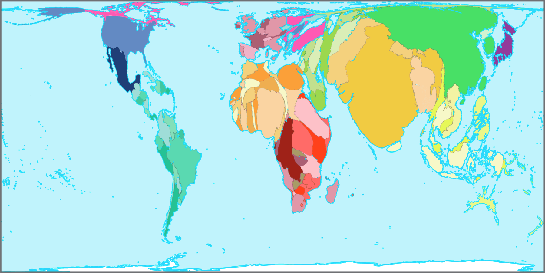 Mapa. Mundo: distribuição da população, projeção para 2050.  Anamorfose dos continentes com a representação dos países em cores variadas.  Na anamorfose, o continente americano está mais fino em relação à sua representação nos planisférios. Nesse sentido, merece destaque o Canadá, com uma dimensão muito menor na  anamorfose. Os países com as maiores dimensões são Brasil e Estados Unidos. Na África e na Europa, a distorção é menos acentuada. Na Ásia, Índia e China estão com área muito maior do que a que possuem nos planisférios e a Rússia, ao contrário, está com área muito reduzida, aparecendo pequena e fina. Os países do leste e do sudeste asiático também estão com dimensões maiores do que as que possuem nos planisférios. Oceania e Antártida estão com área muito reduzida. Na anamorfose, não há indicação de paralelos e meridianos, escala, rosa dos ventos e nome dos oceanos.
